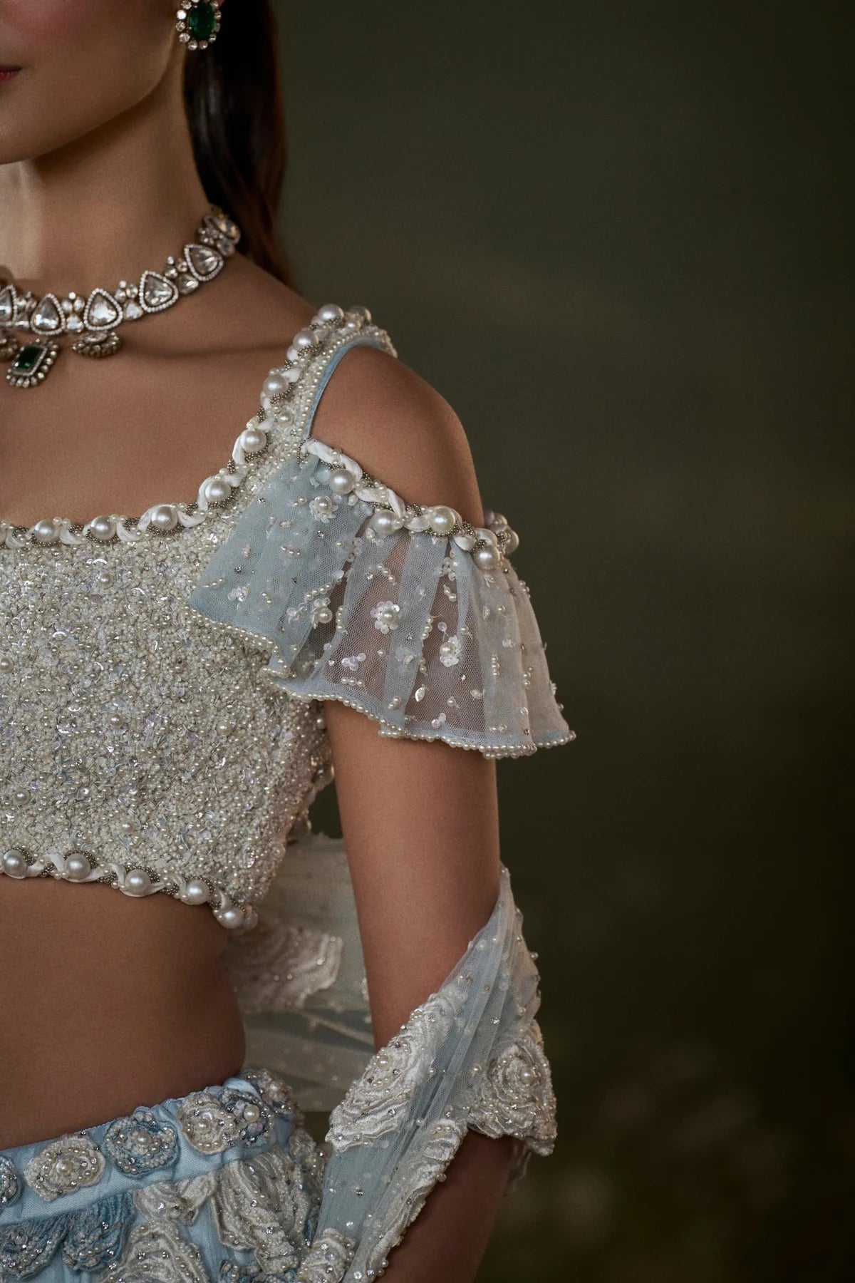 Powder Blue White Trail Lehenga Choli Set