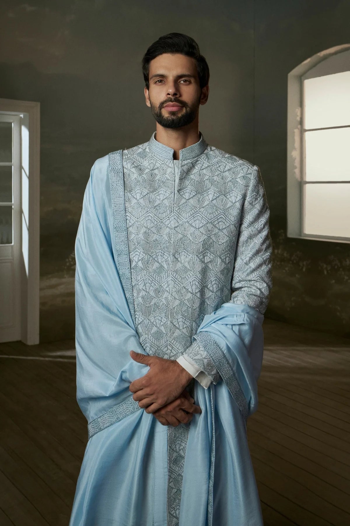 Powder-blue embroidered raw silk sherwani