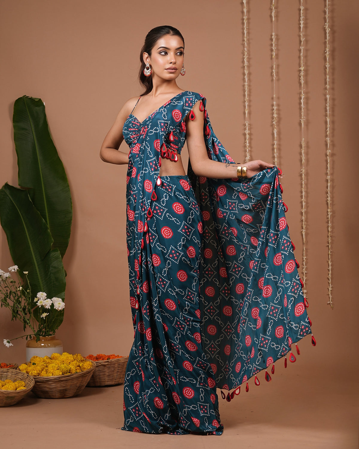 Teal Blue-Red Bandhej Printed Drape Saree (Set of 2)