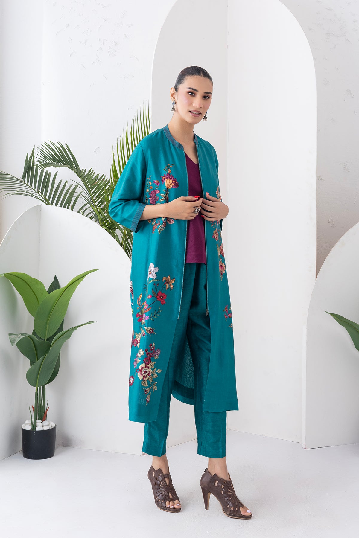 Emerald Silk Chanderi Floral Printed Front-Zip Dress (1 PC)