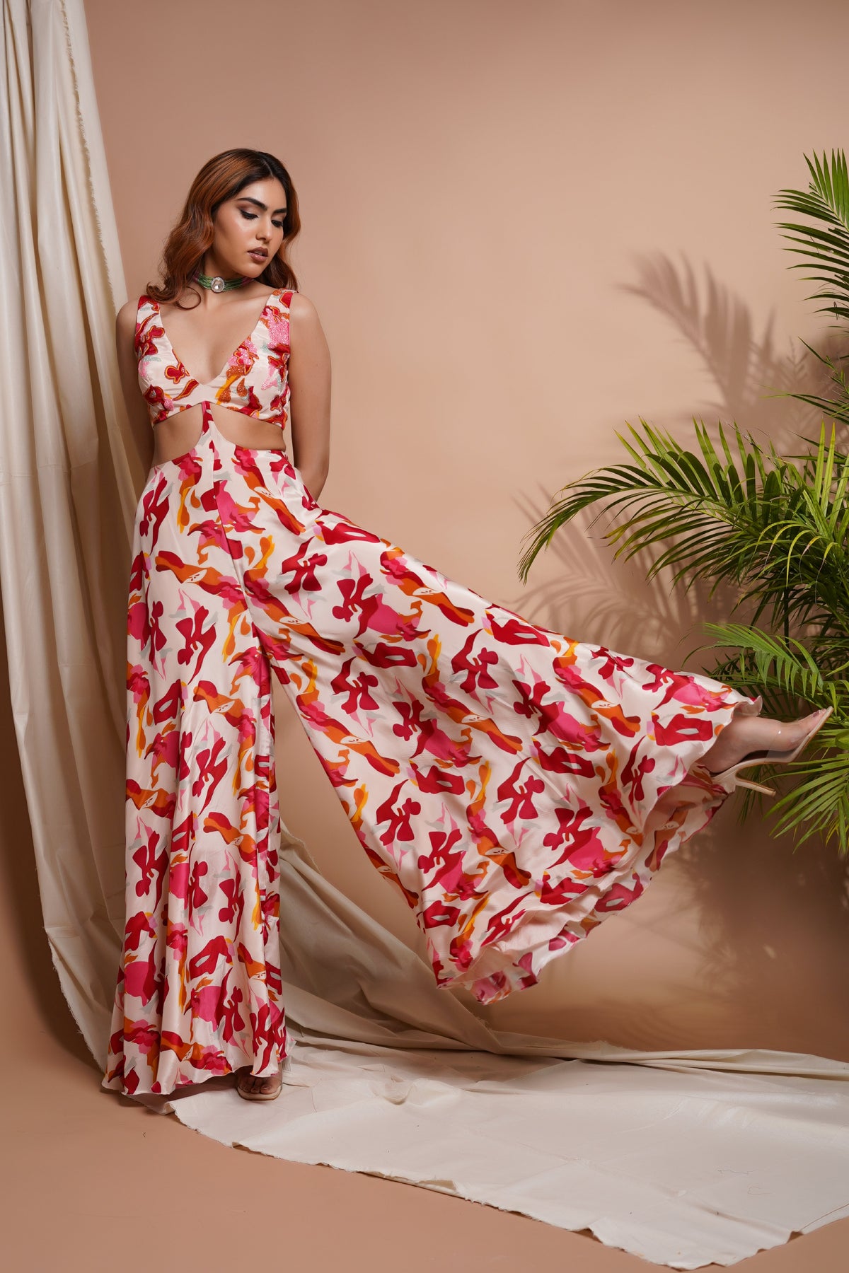 CREAM ABSTRACT PRINTED V-NECK JUMPSUIT