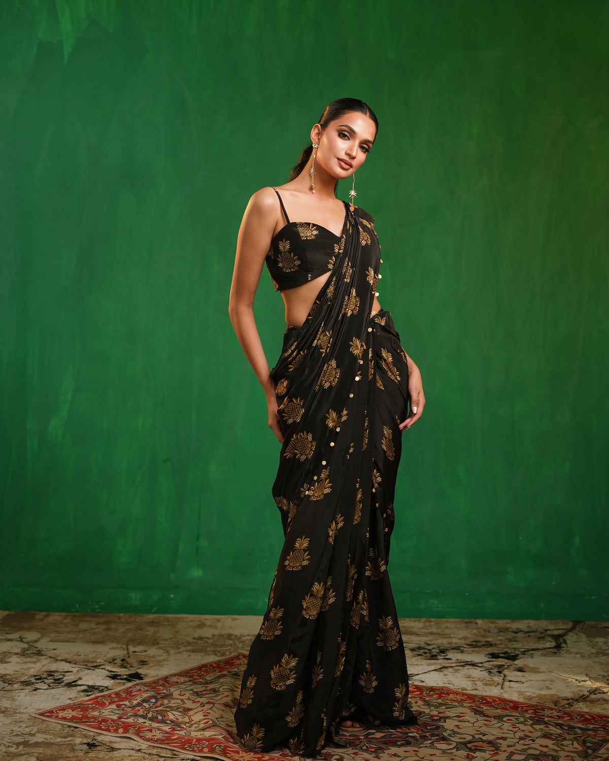 Pineapple Print Pre-Drape Saree With Statement Organza Poncho Set (Set of 3)