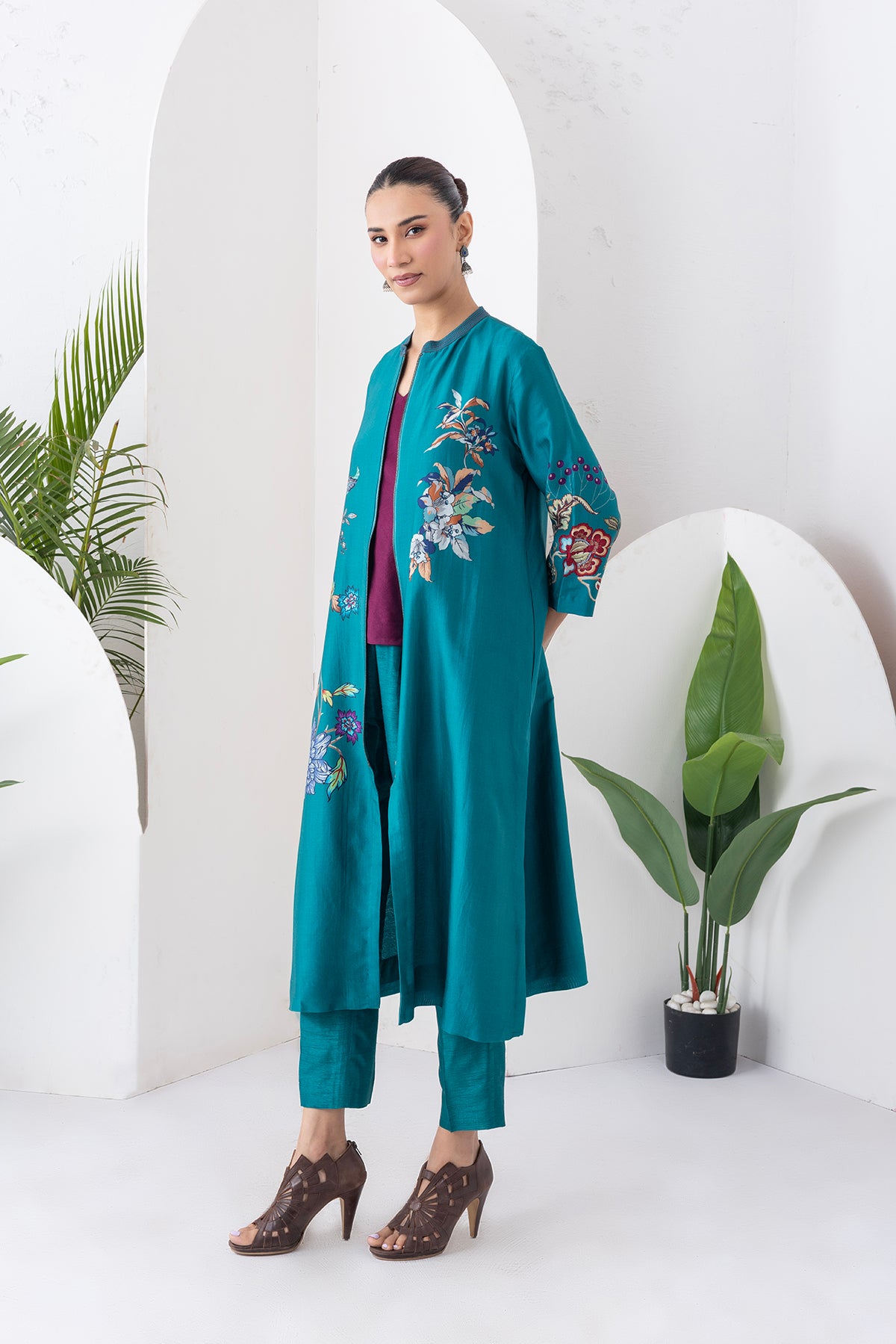 Emerald Silk Chanderi Floral Printed Front Open Dress (1 PC)