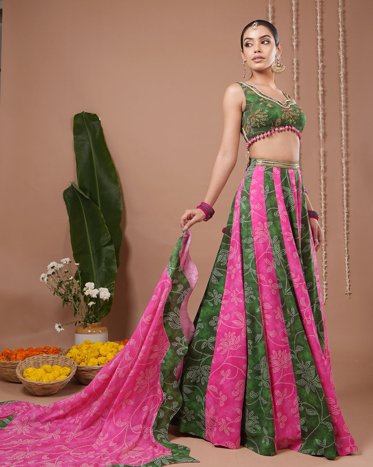 Green- Pink Bandhani Floral Printed Lehenga Set (Set of 3)