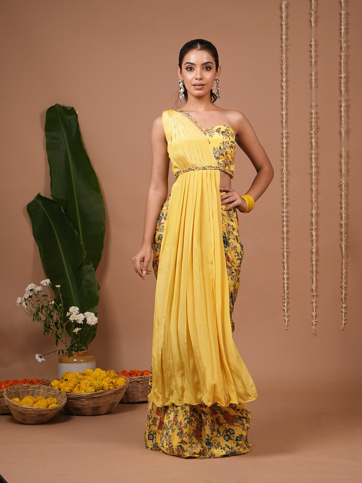 Yellow Printed Indo Saree (Set of 2)