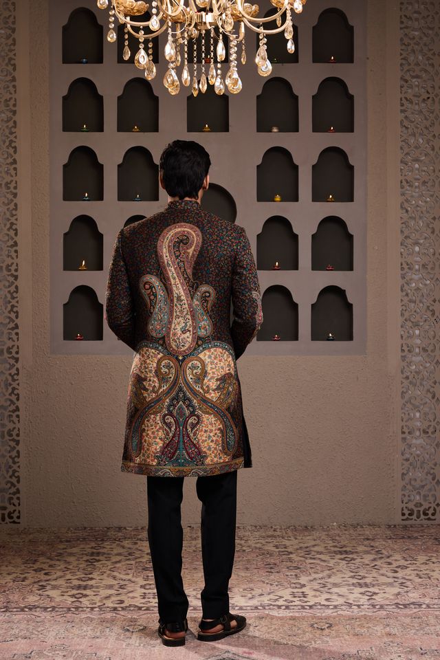 Jamawar Achkan Black Kurta Trouser
