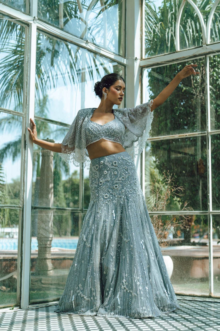 Chaandni Grey Embroidered Fishcut Lehenga set with Cape