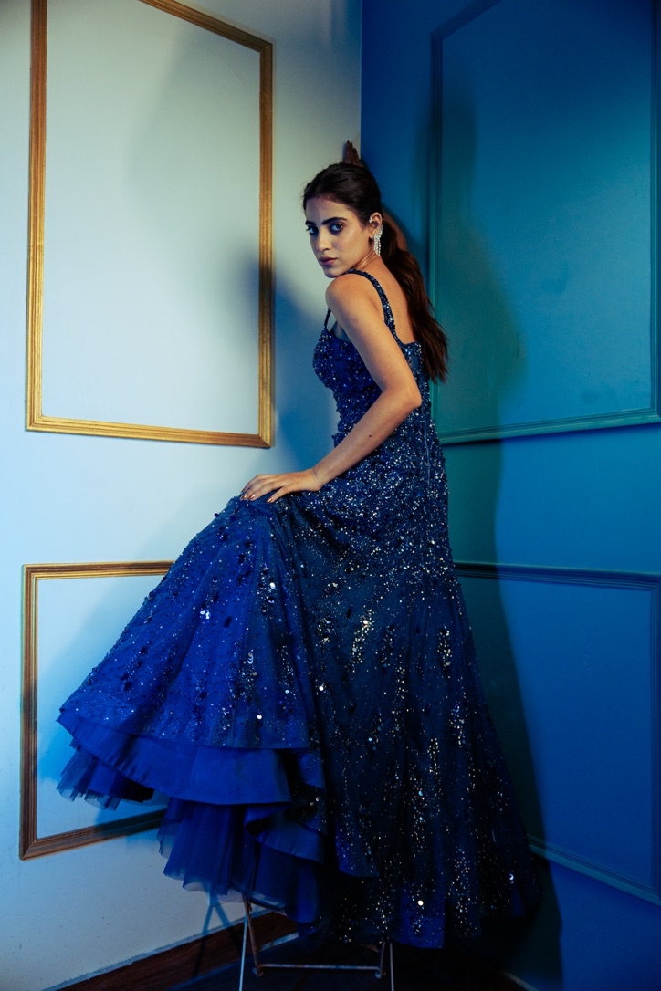 Nishabd Blue Embroidered Fishcut Gown with Cape set