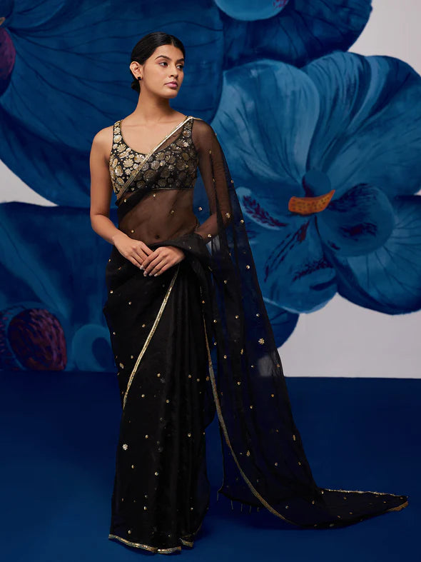Nightflower Black Silk Organza Saree Set
