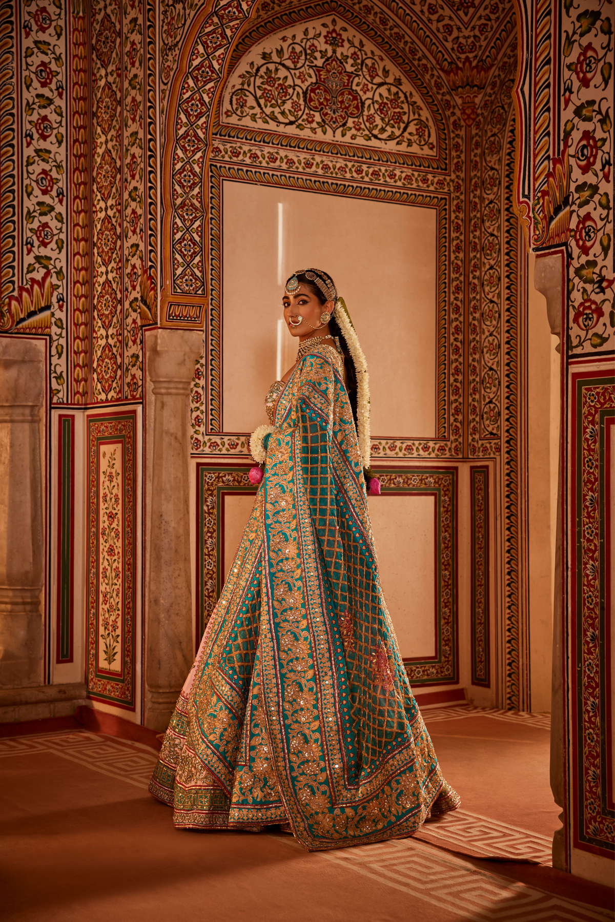 Light Pink And Blue Lehenga Set With Checked Print
