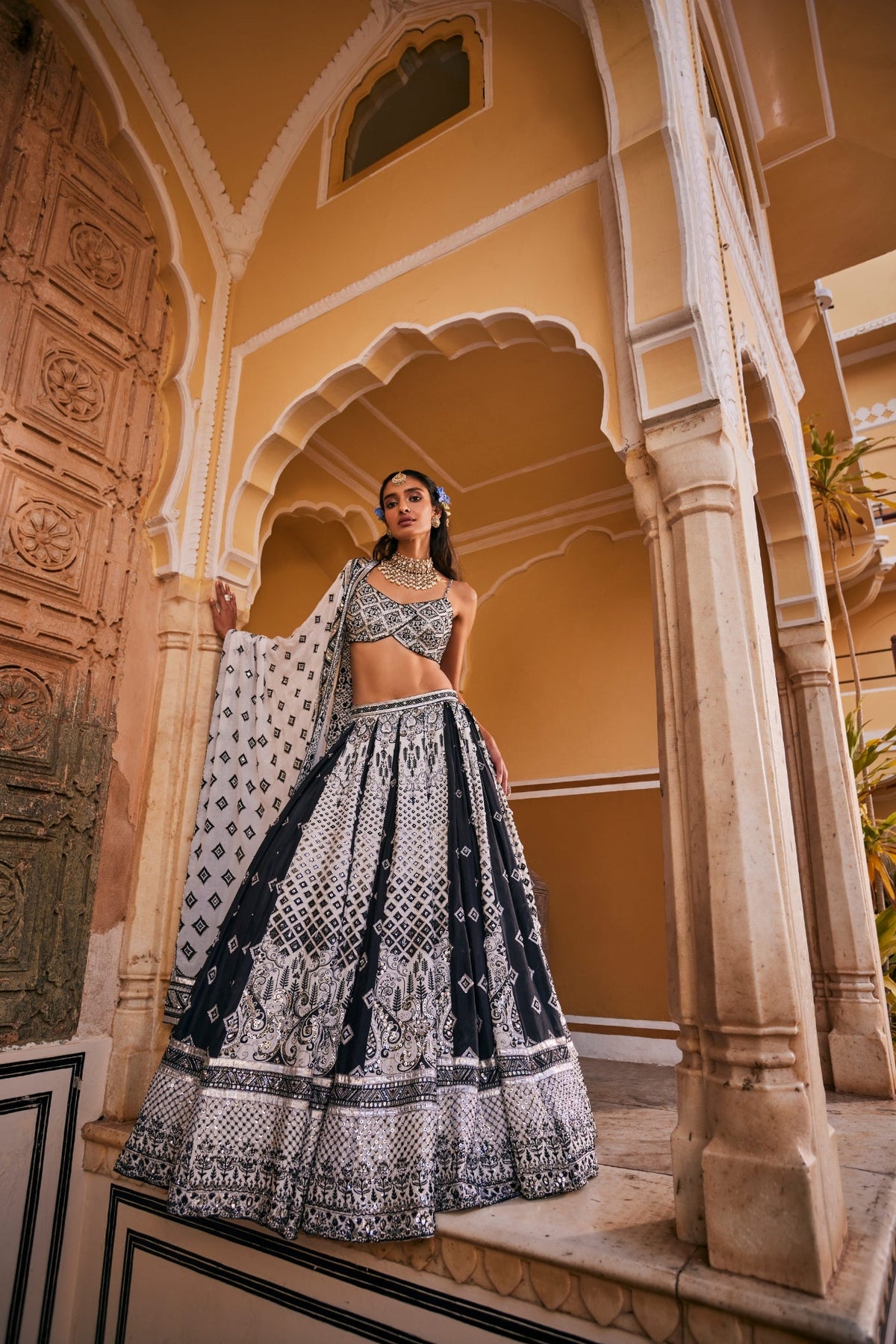 Black And White Lehenga Set With Alternating Panels