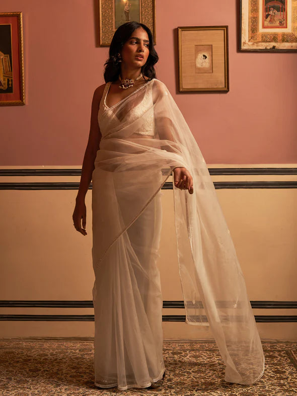 Crystal Off-White Silk Organza Saree Set