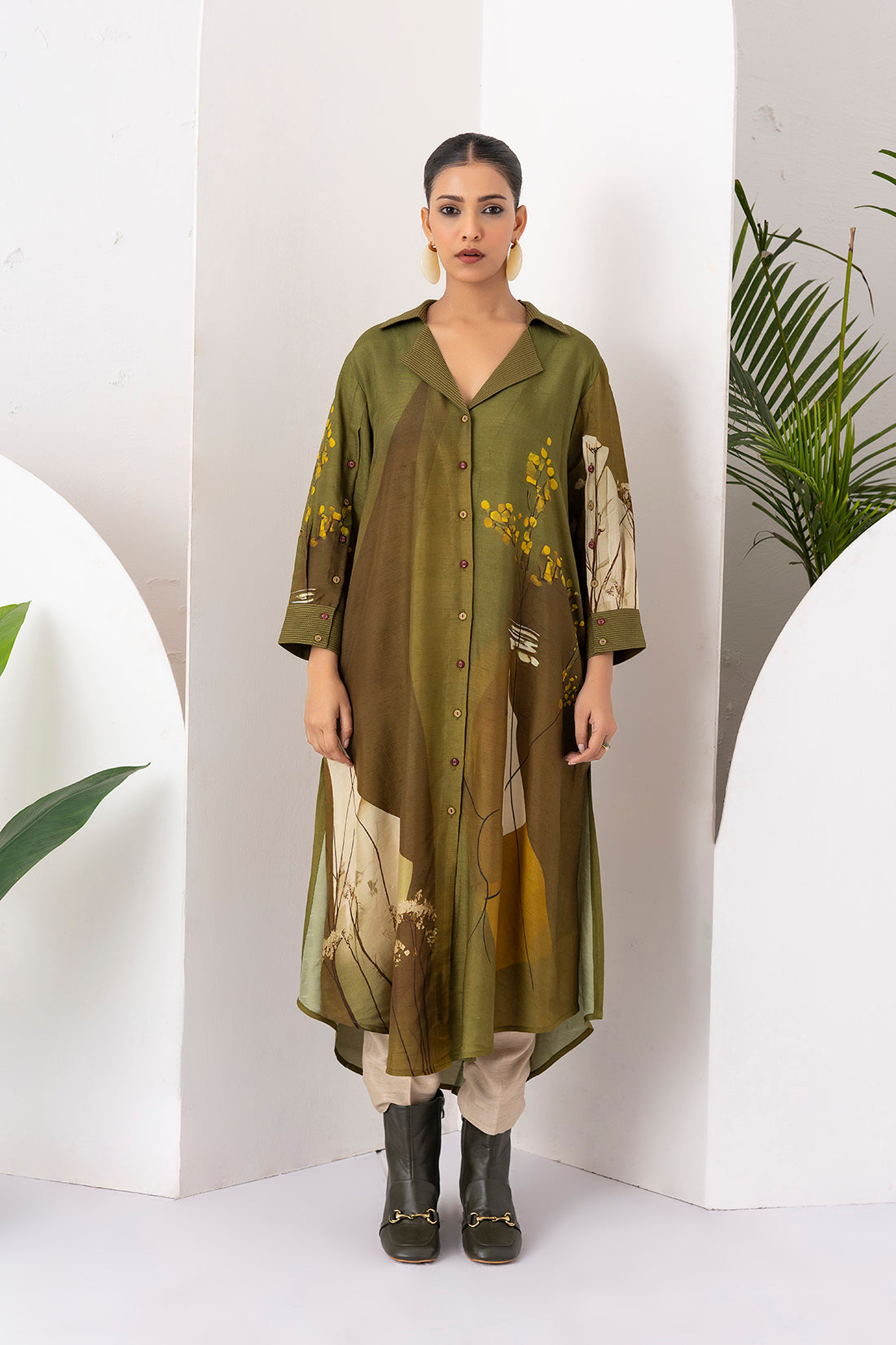 Moss Green Shaded Viscose Dupion Printed Dress (1 PC)