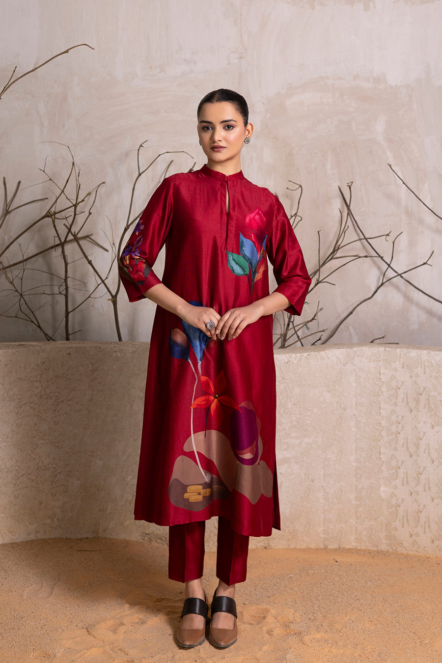 Red Silk Chanderi Printed Tunic (1 PC)