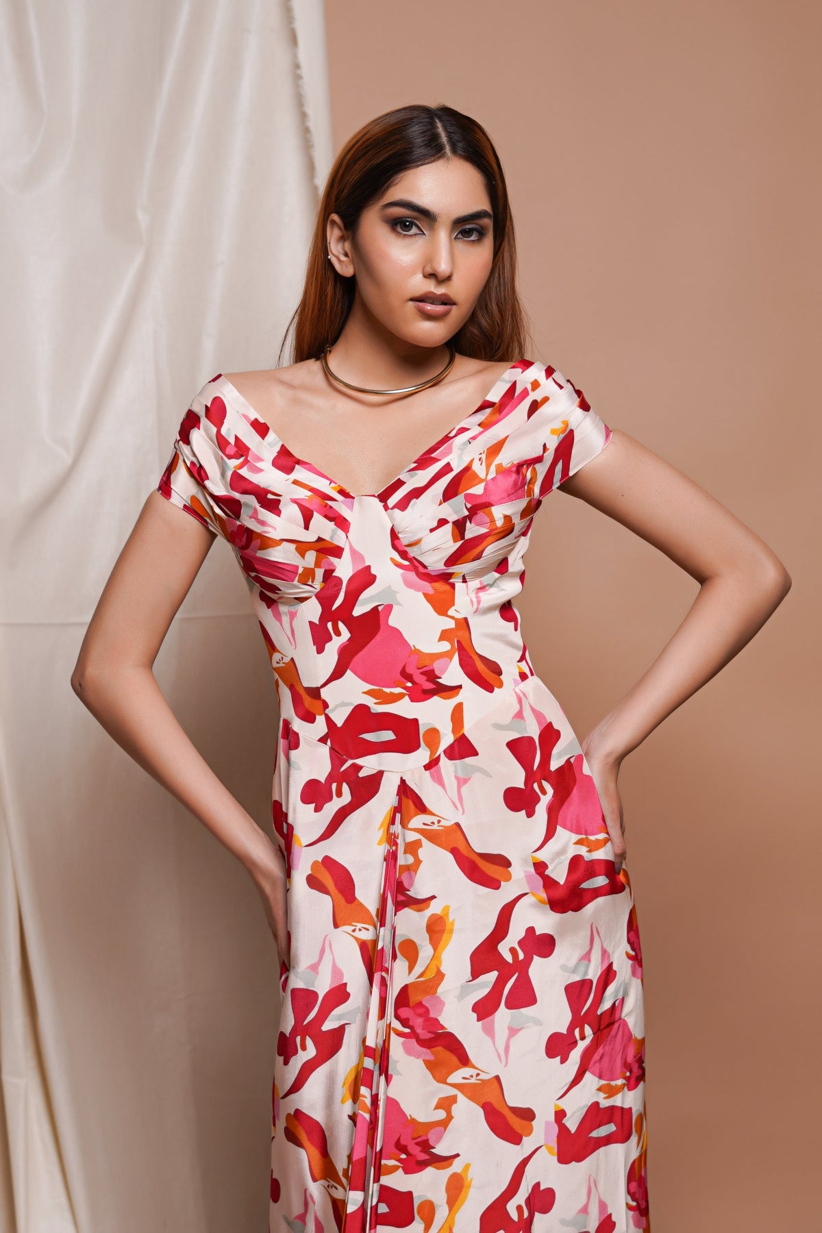 CREAM ABSTRACT OFF SHOULDER CORSET DRAPE DRESS
