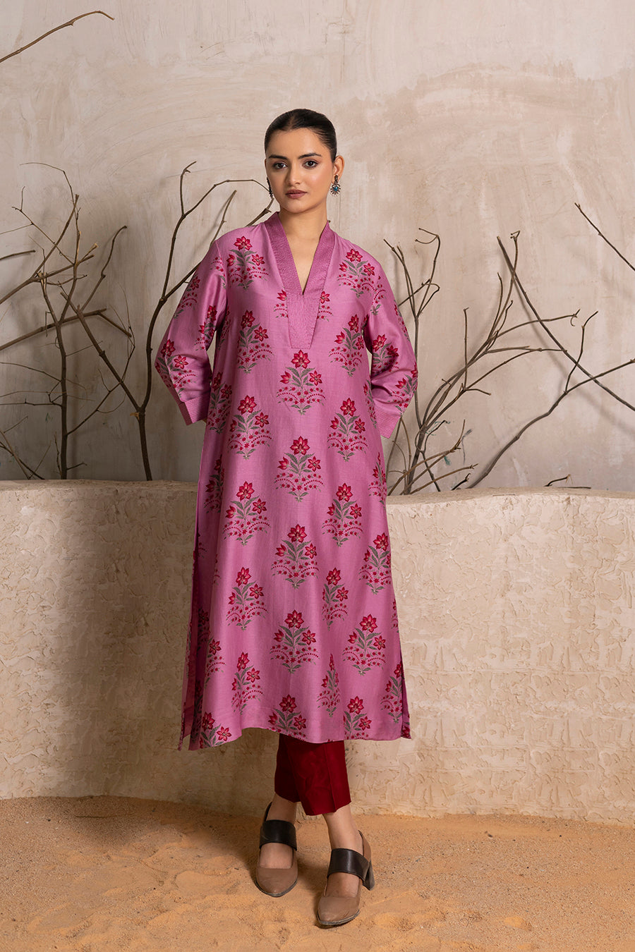 Salmon Pink Silk Chanderi Floral Boota Printed Tunic (1 PC)