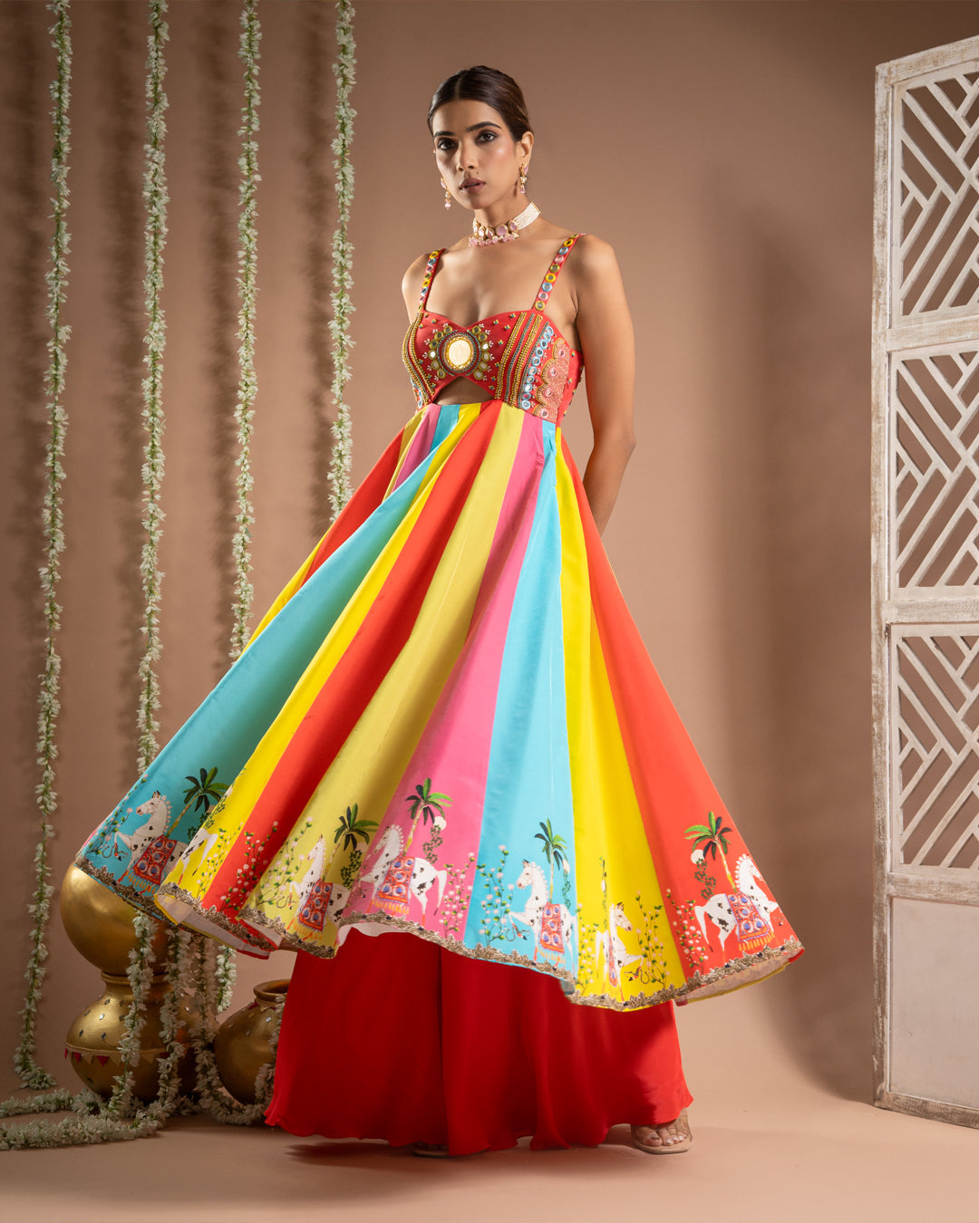 Red Horse Print Anarkali Suit Set (Set of 3)