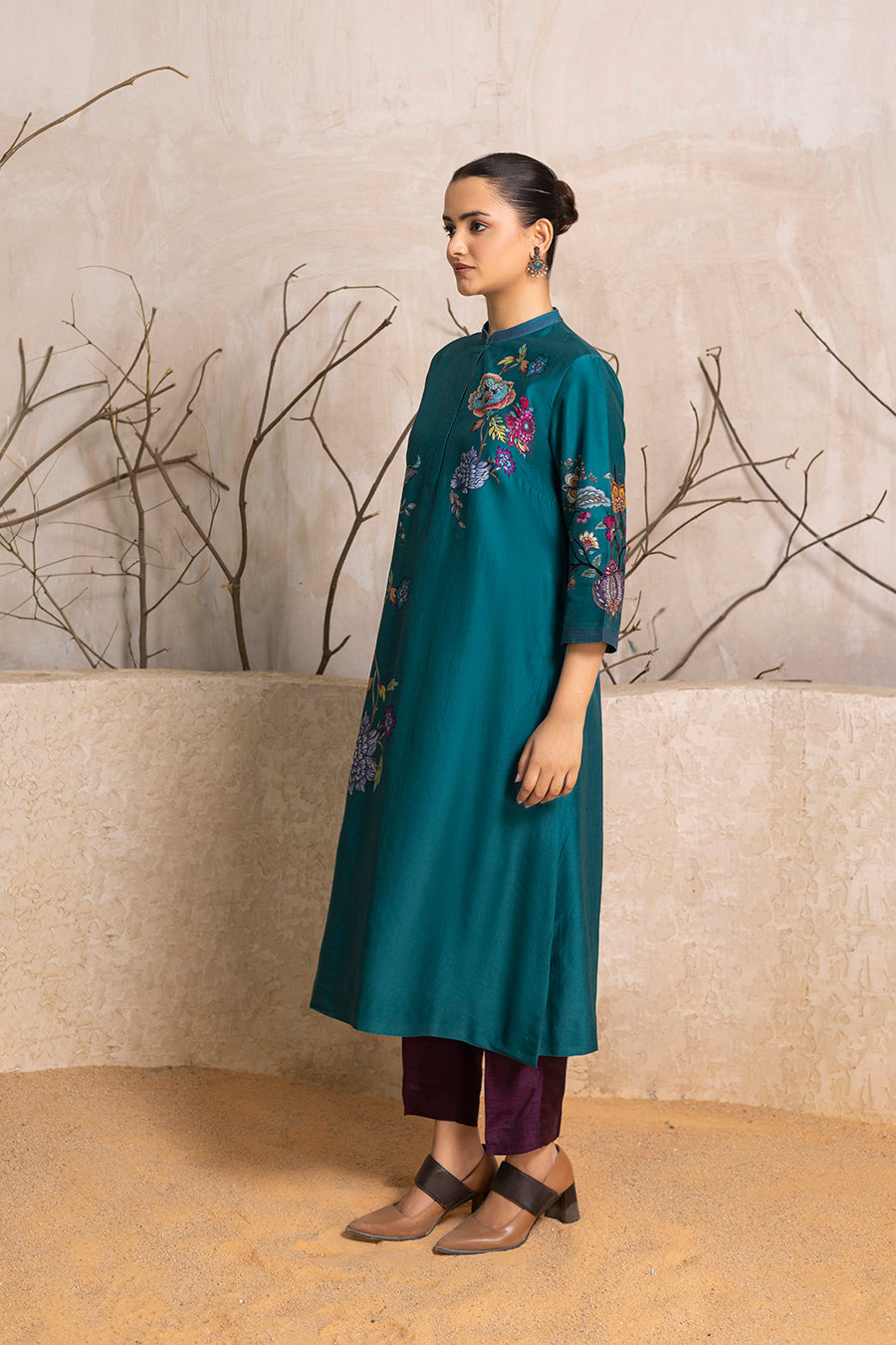 Emerald Silk Chanderi Floral Printed Tunic (1 PC)