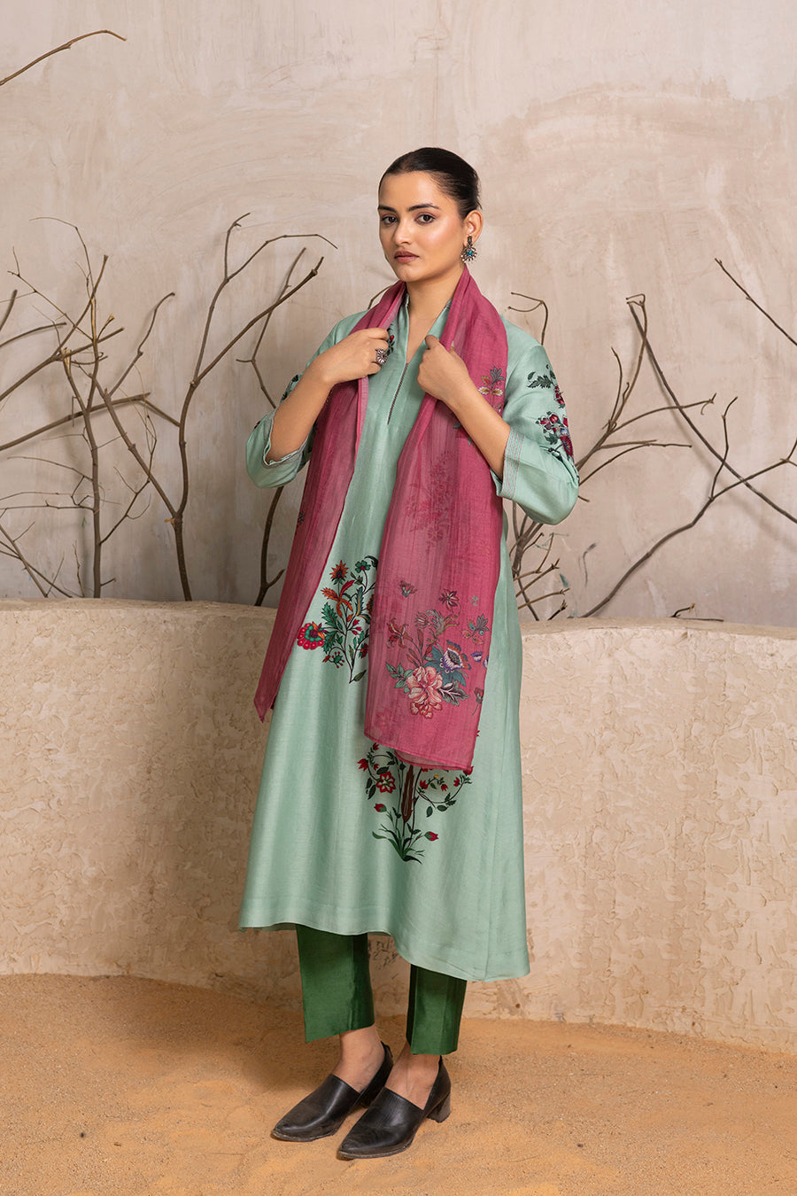 Mint Silk Chanderi Floral Boota Printed Tunic (1 PC)