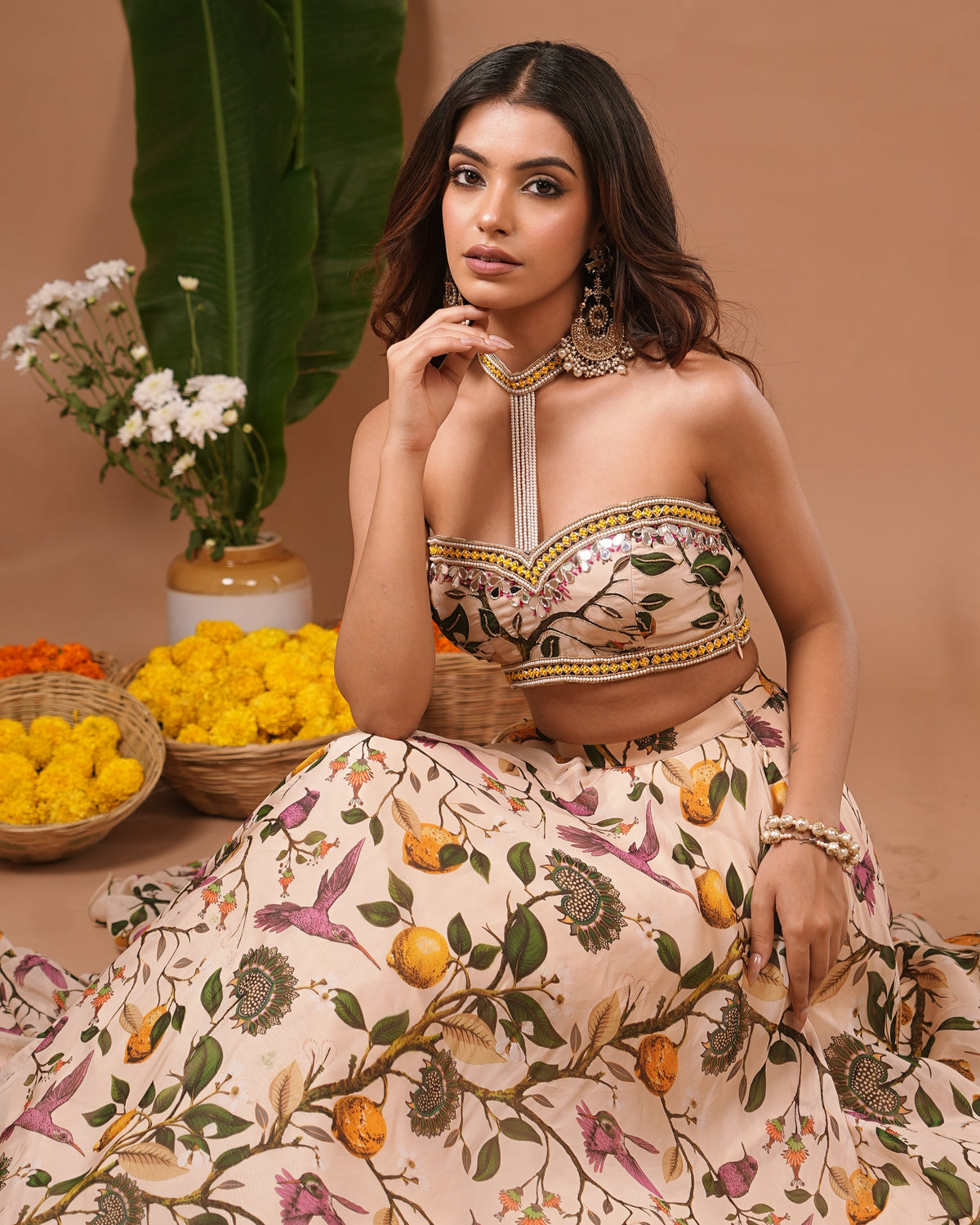 Cream Lemon Printed Indo Lehenga Set (Set of 2)
