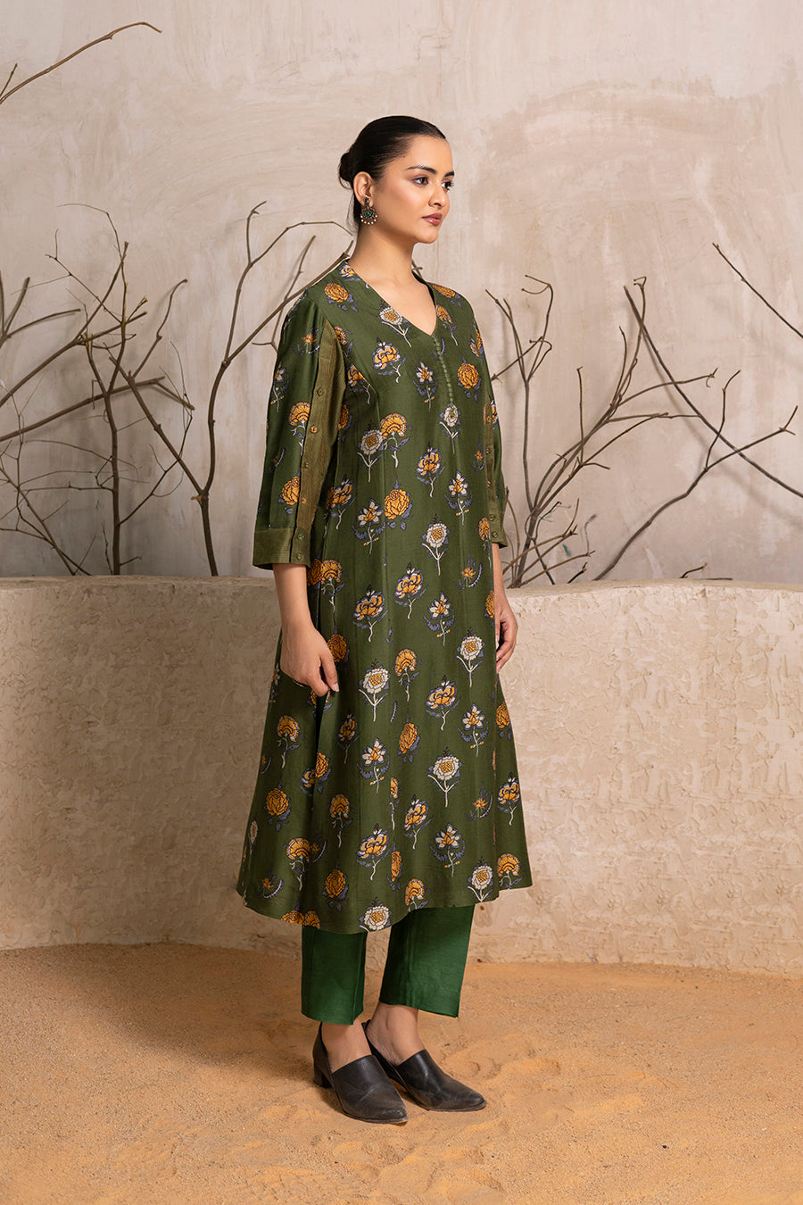 Leaf Green Silk Chanderi Printed Tunic (1 PC)