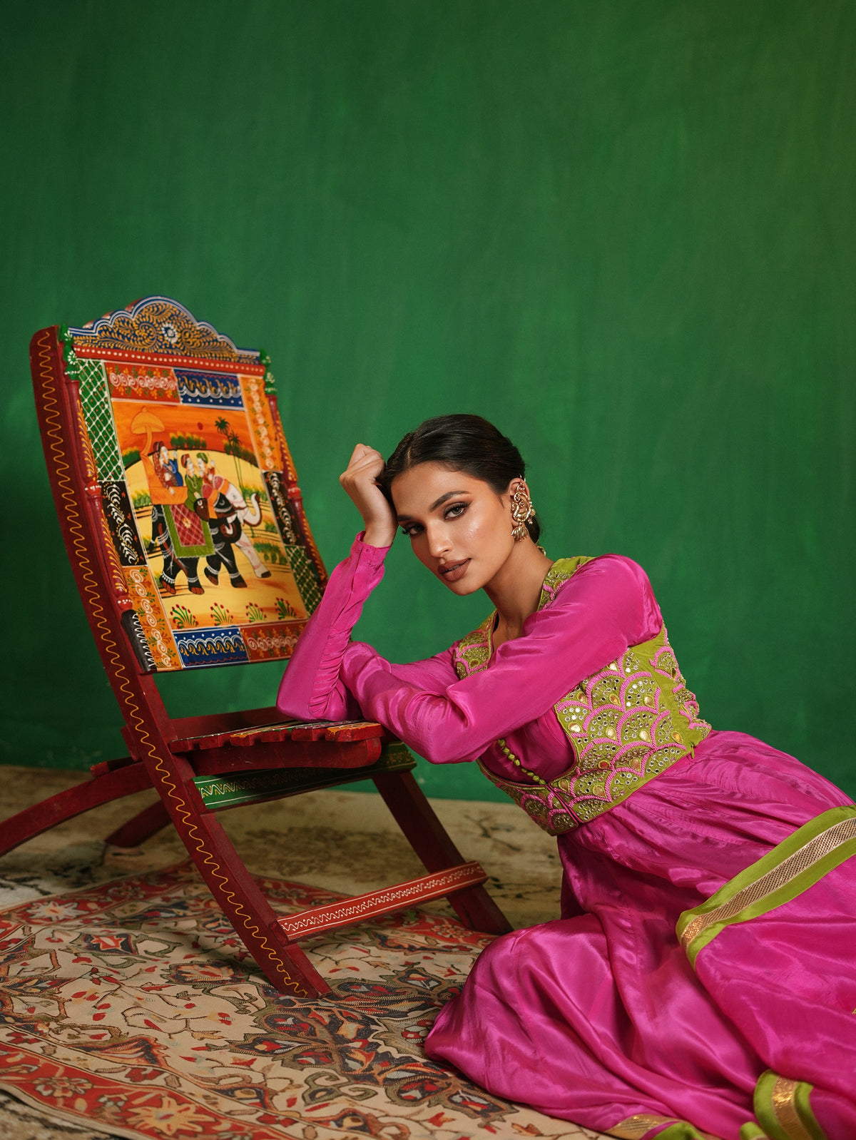 Fuschia Pink - Lime Green Heavy Anarkali Set (Set of 4)