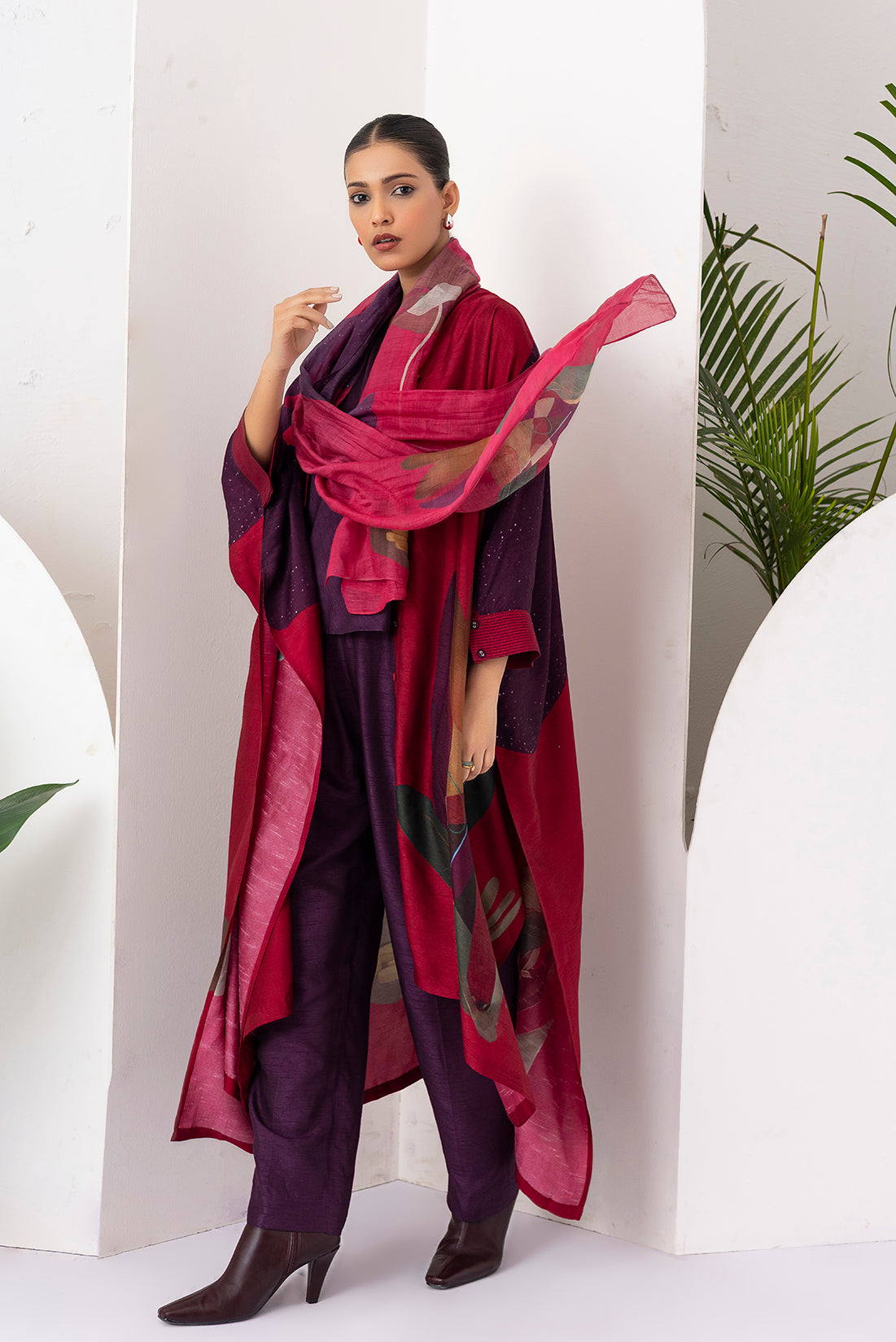 Red Viscose Dupion Printed Kaftaan Style Dress (1 PC)