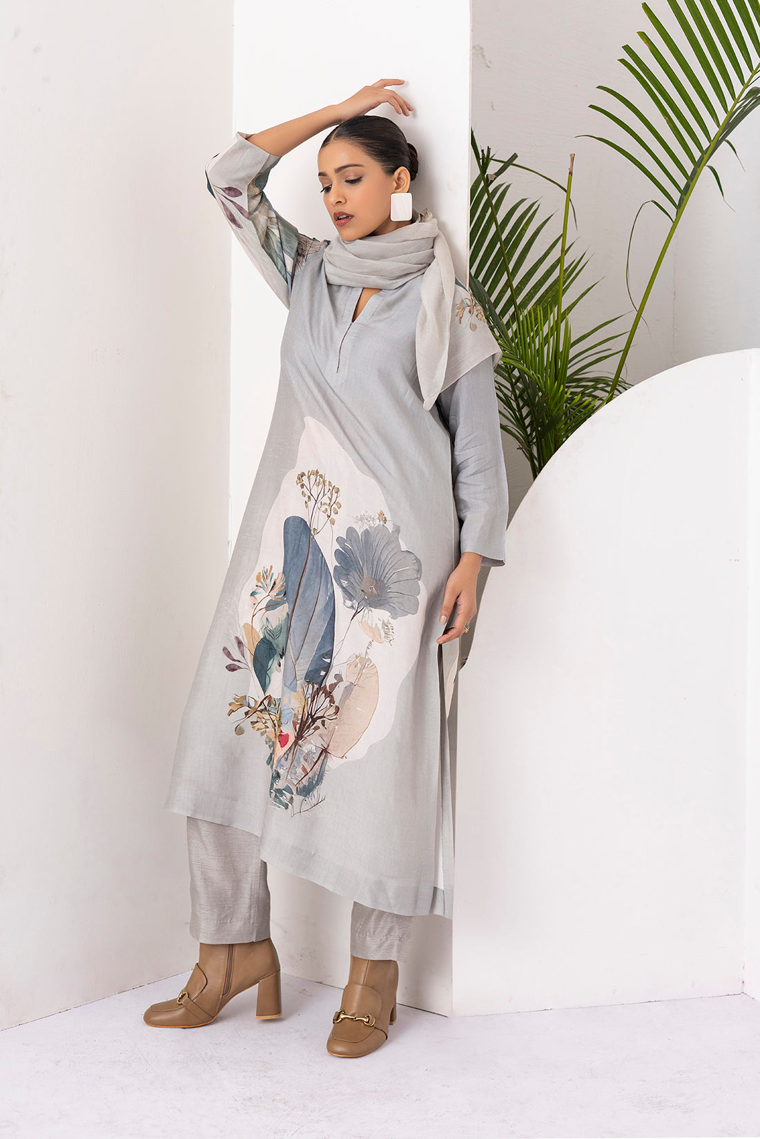 Grey Viscose Dupion Printed Tunic (1 PC)