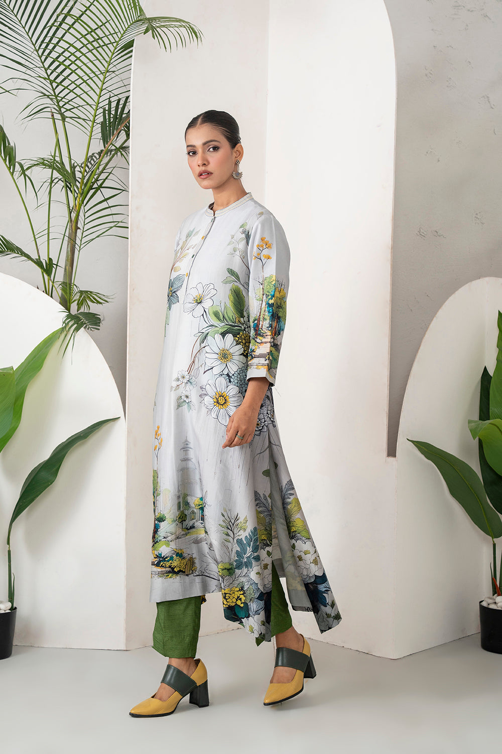 Grey Silk Chanderi Painterly Landscape Printed Tunic Set (2 PCS)