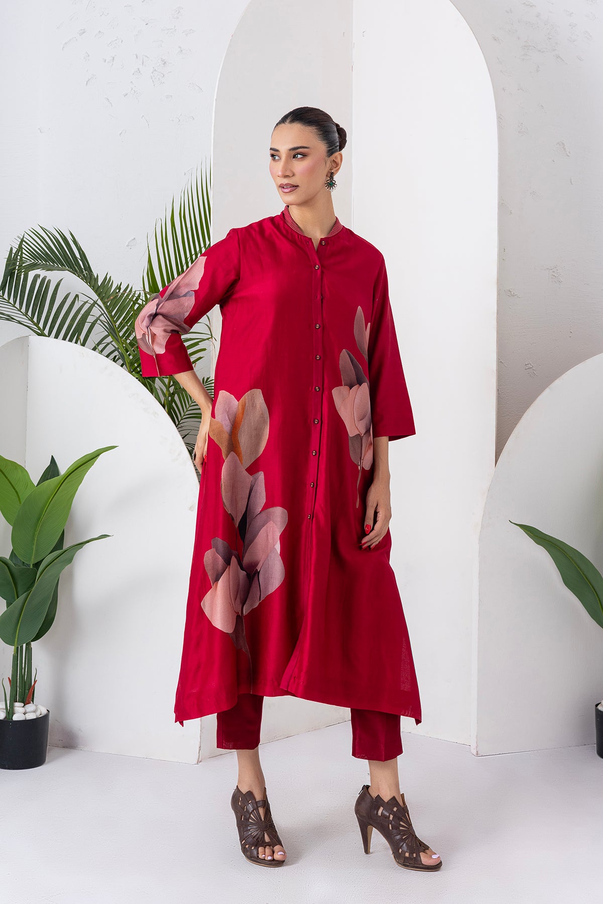 Maroon Silk Chanderi Leaf Printed Dress (1 PC)