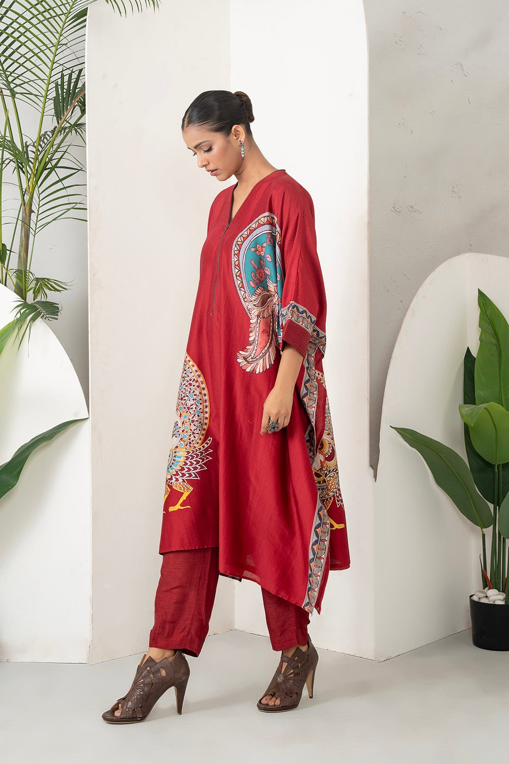 Maroon Silk Chanderi Bold Peacock Printed Zippered Kaftan Set (2 PCS)