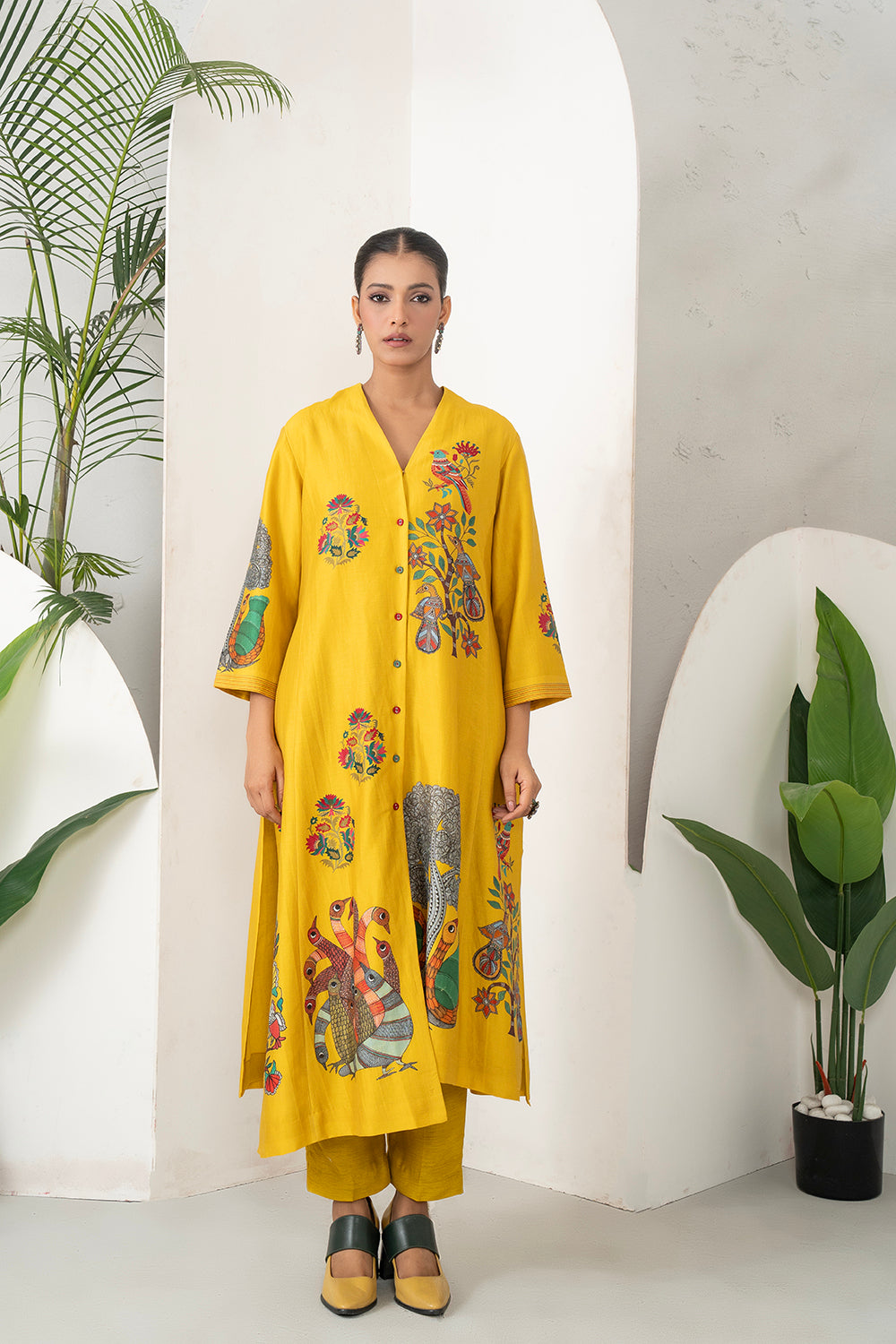 Yellow Silk Chanderi Front Open Striking Bird And Floral Printed Dress Set (3 PCS)