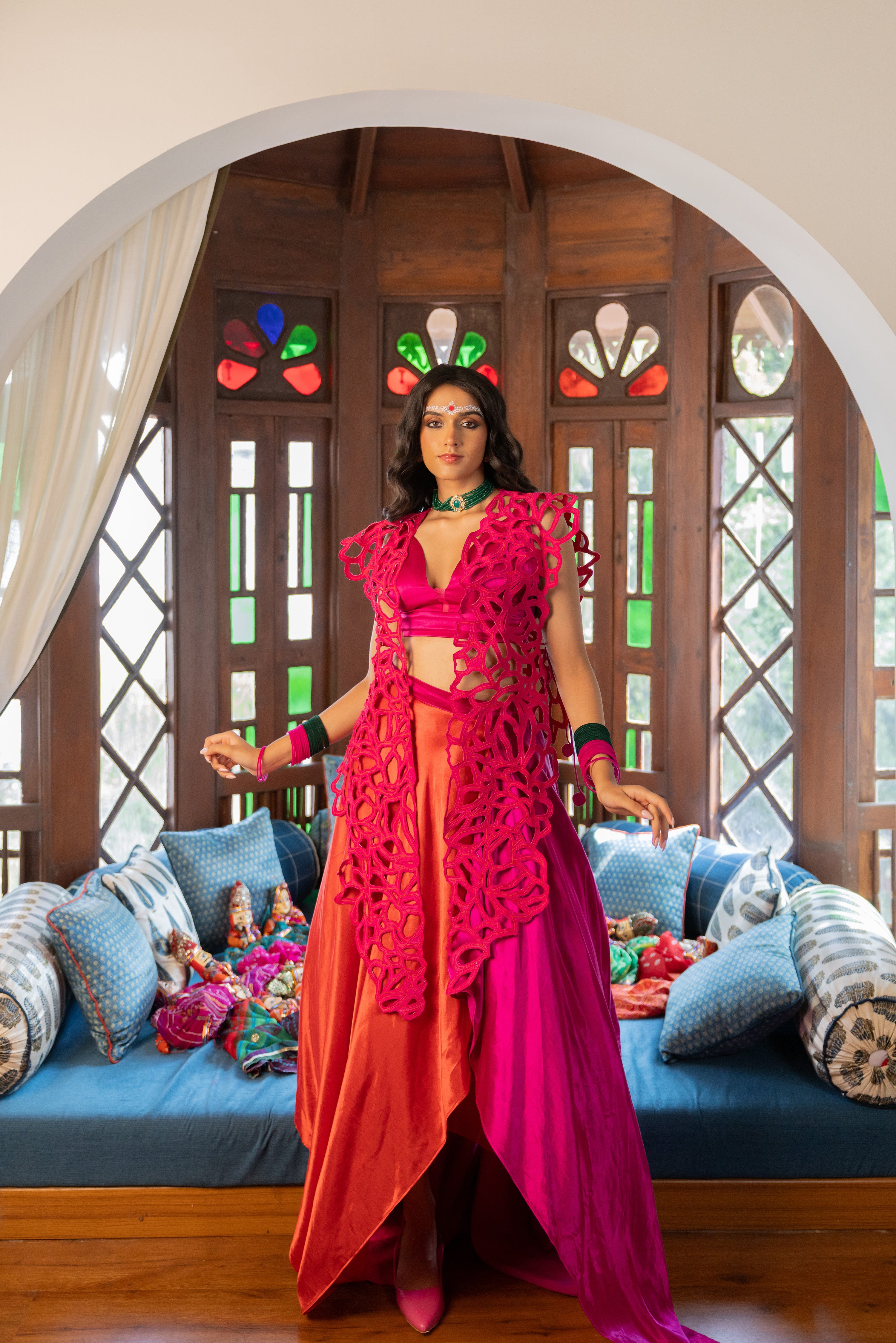 HOT PINK CUTOUT JACKET WITH DUAL COLOUR SKIRT (Cerise)