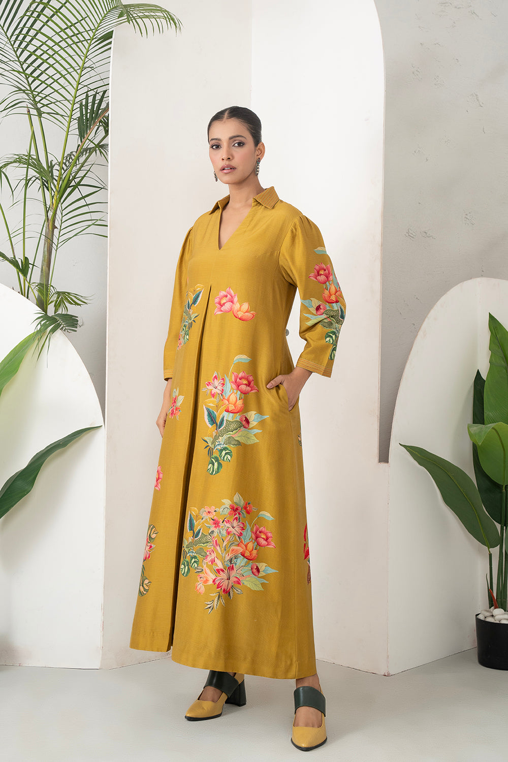 Mustard Silk Chanderi Front Pleat Detailed Colourful Floral Printed Dress Set (2 PCS)