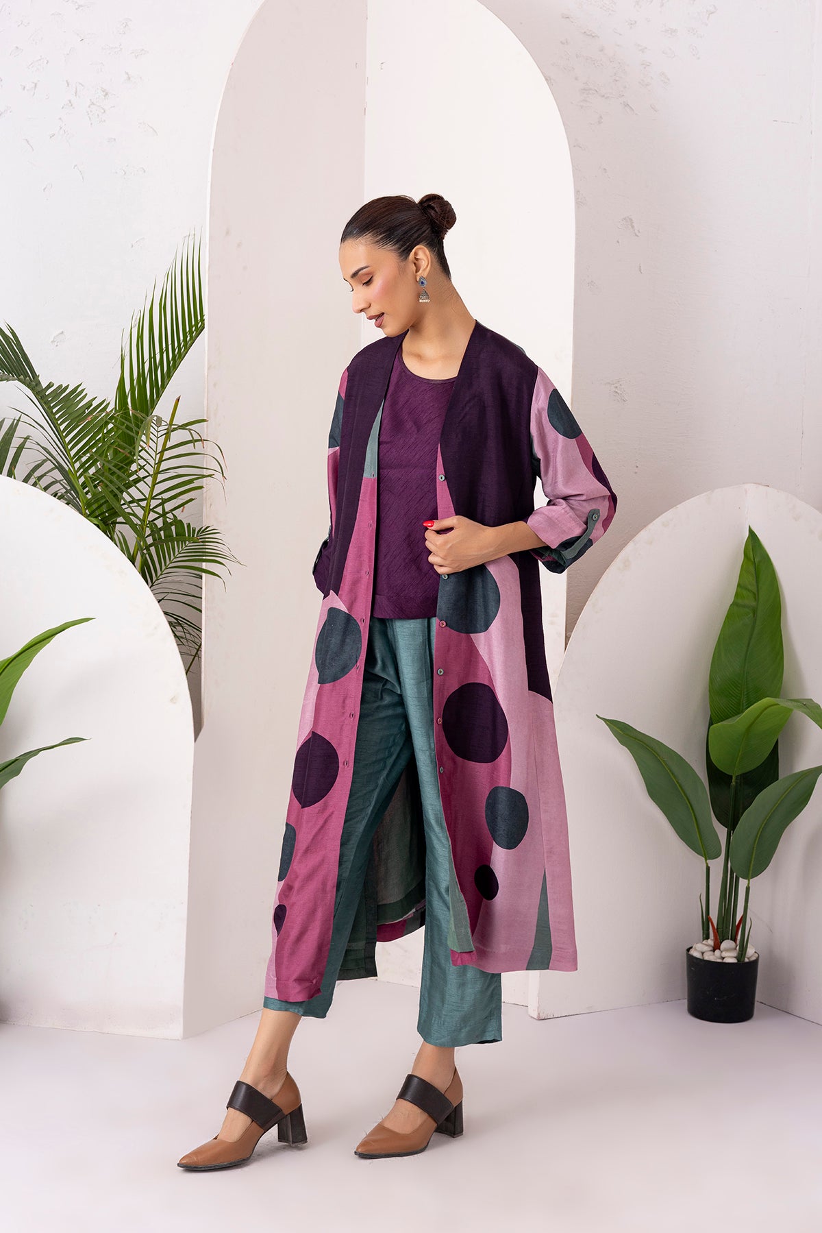 Salmon Pink & Wine Viscose Dupion Printed Dress (1 PC)