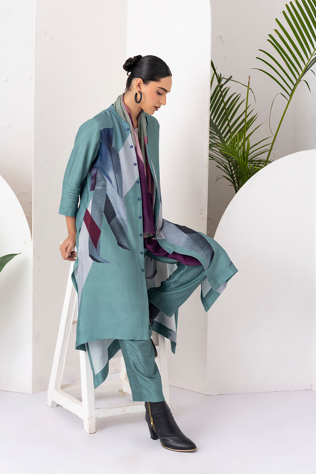 Sage Green Viscose Dupion Printed High-Low Dress (1 PC)