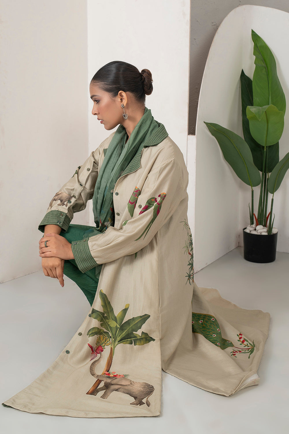 Beige Silk Chanderi Nature-Inspired Printed Dress Set (3 PCS)
