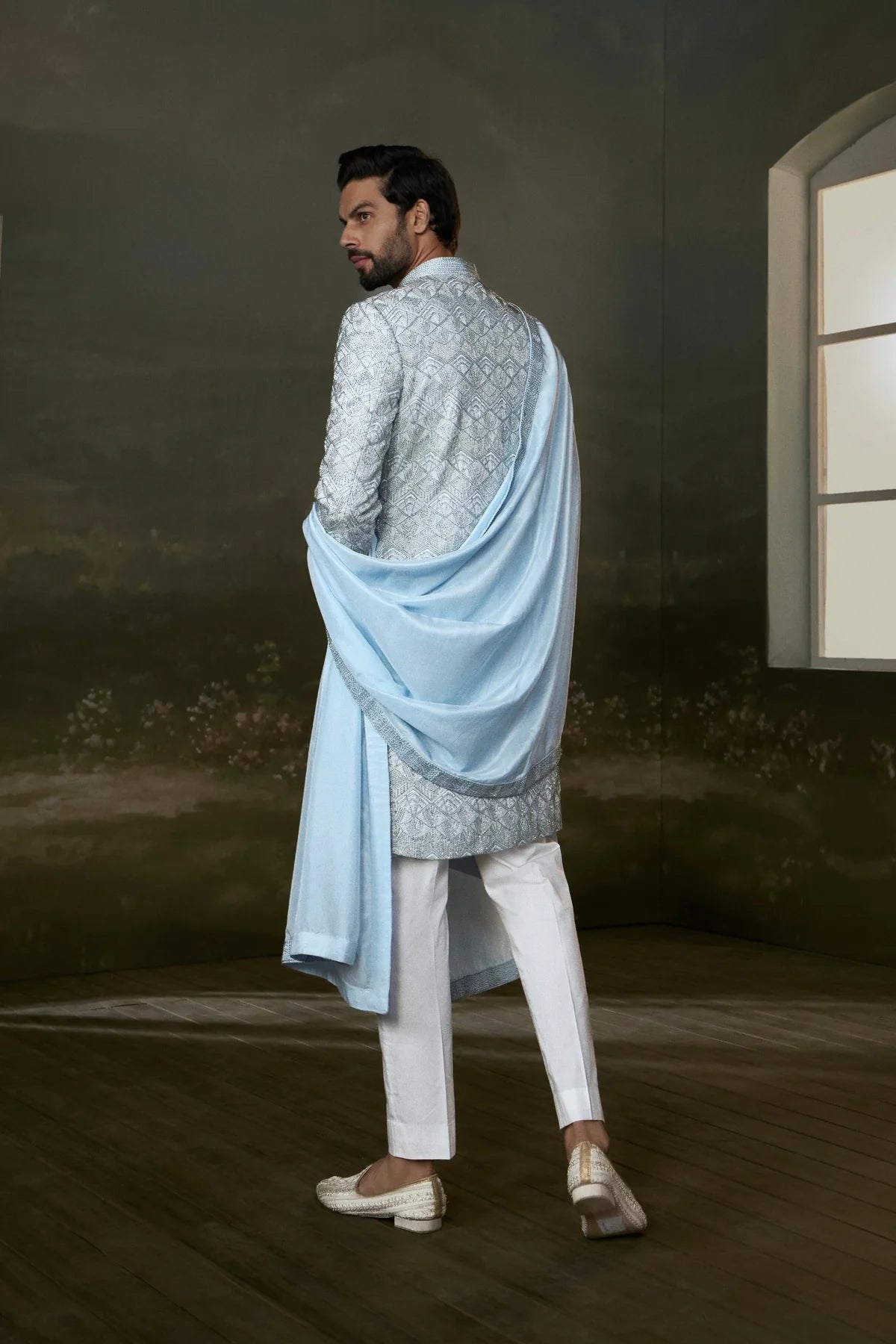 Powder-blue embroidered raw silk sherwani