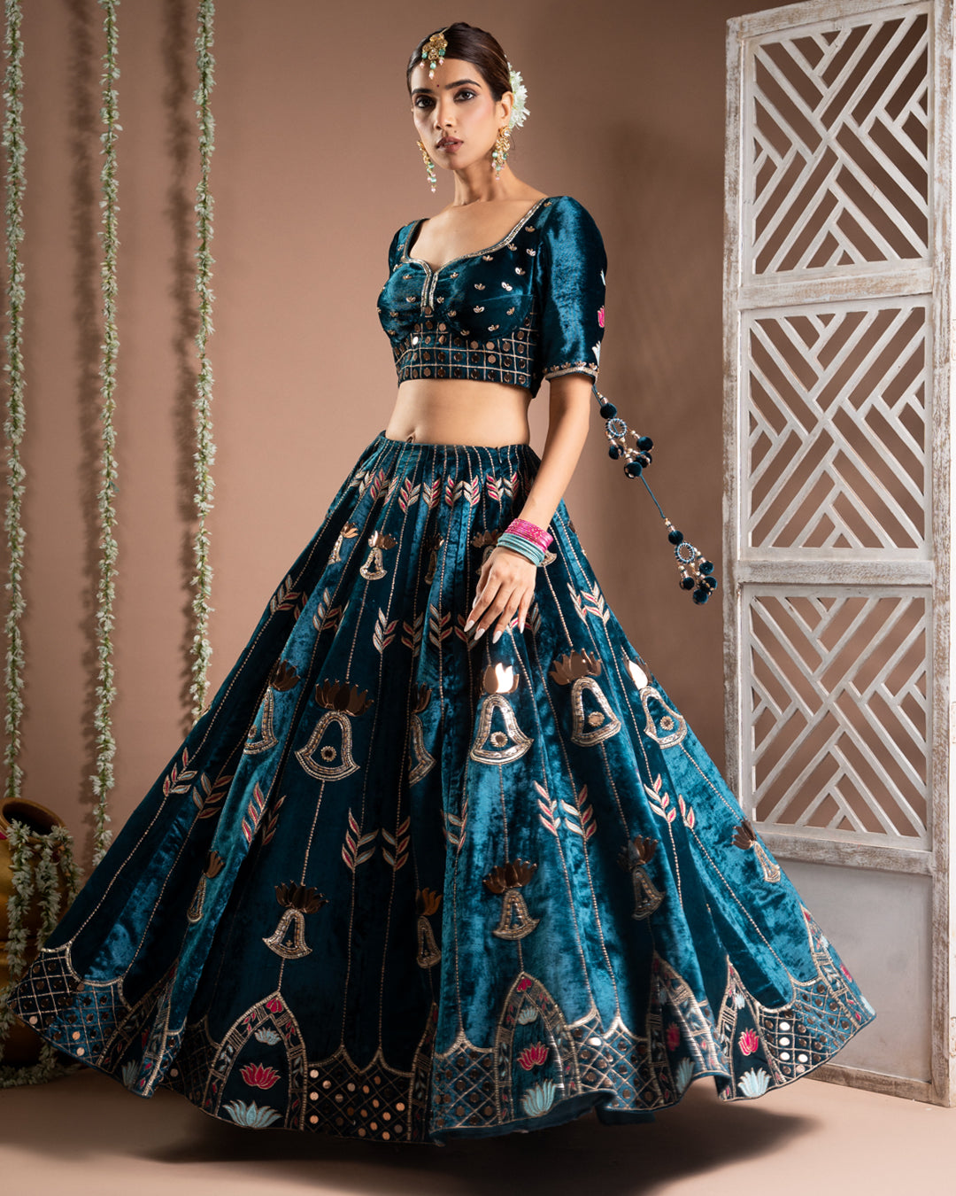 Teal Heavy Velvet Lehenga Set (Set of 3)