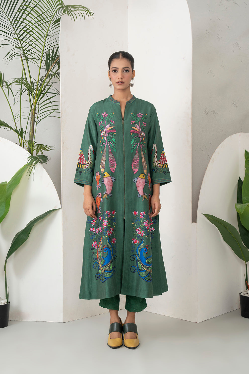 Emerald Silk Chanderi Peacocks And Fish Motifs Printed Dress Set (3 PCS)
