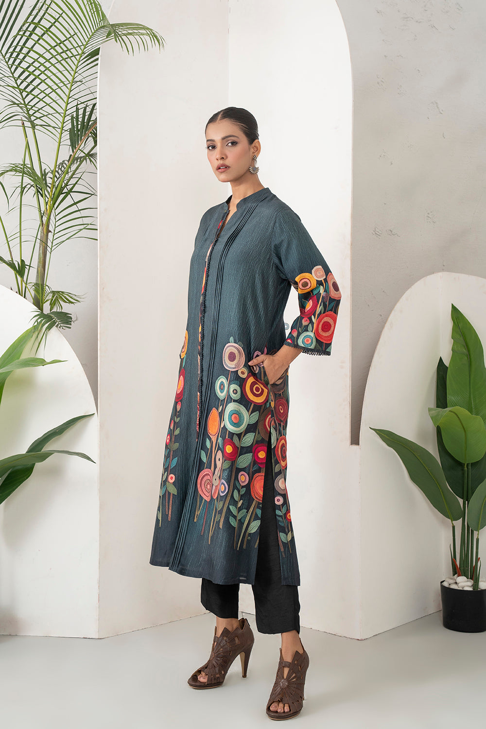 Charcoal Silk Chanderi Striking Floral Illustration Printed Dress Set (2 PCS)