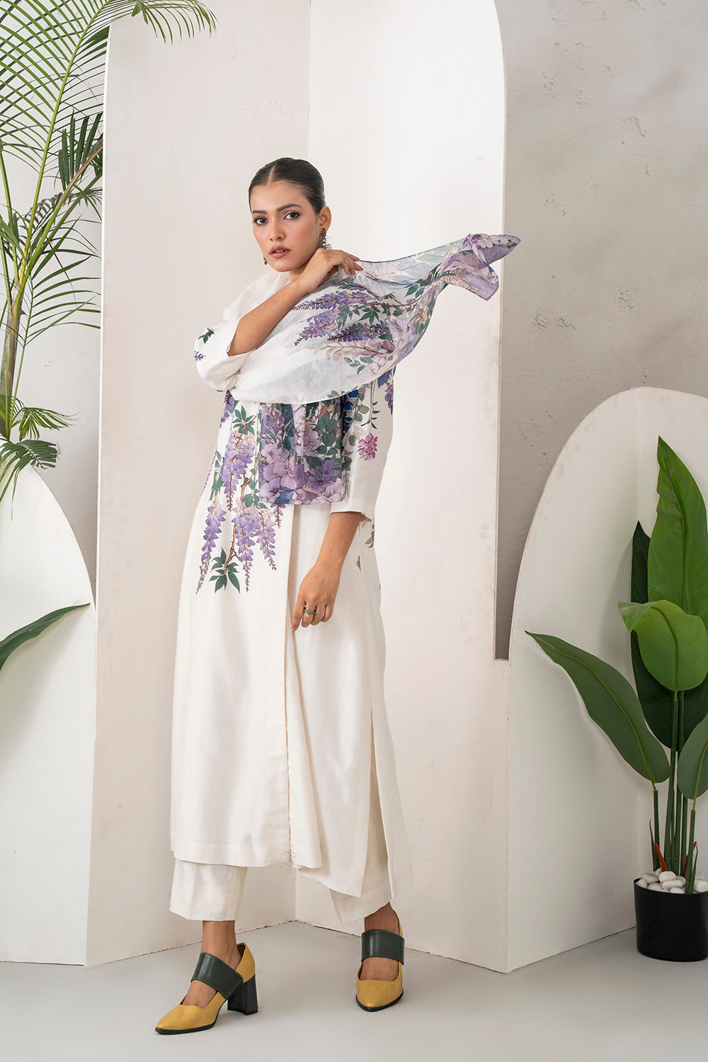 Ivory Silk Chanderi Side Panel Wisteria Printed Dress Set (2 PCS)