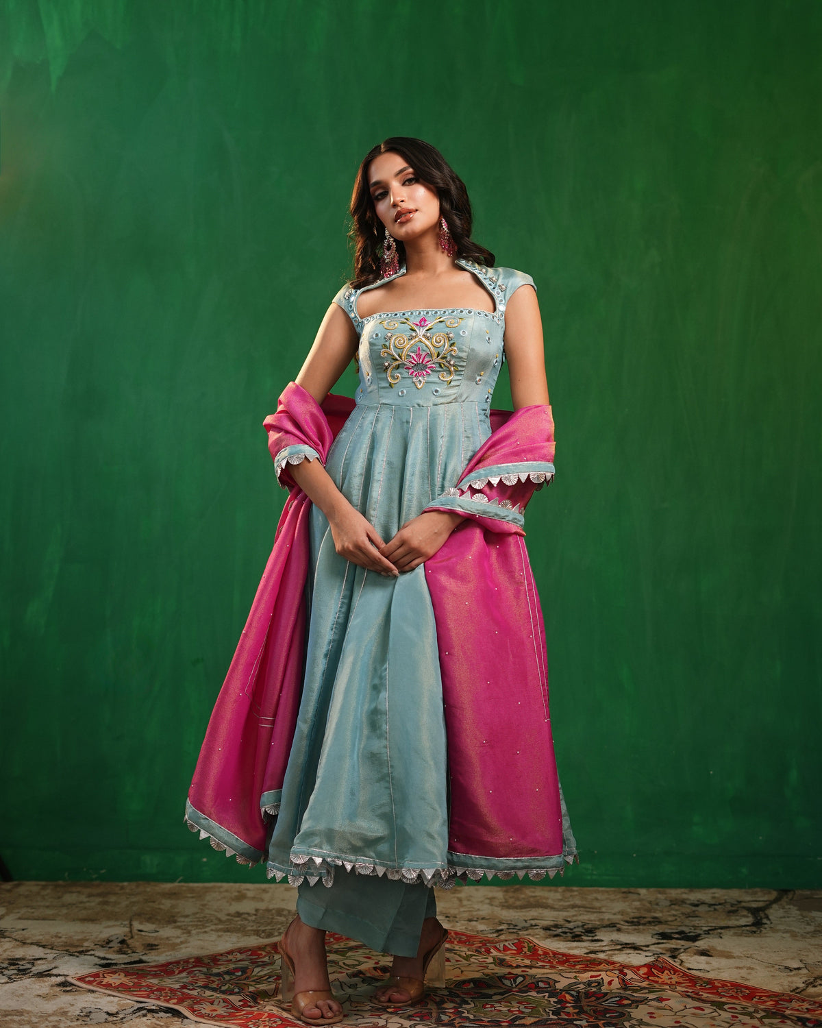 Aqua Blue Tissue Silk Heavy Anarkali Set (Set of 3)