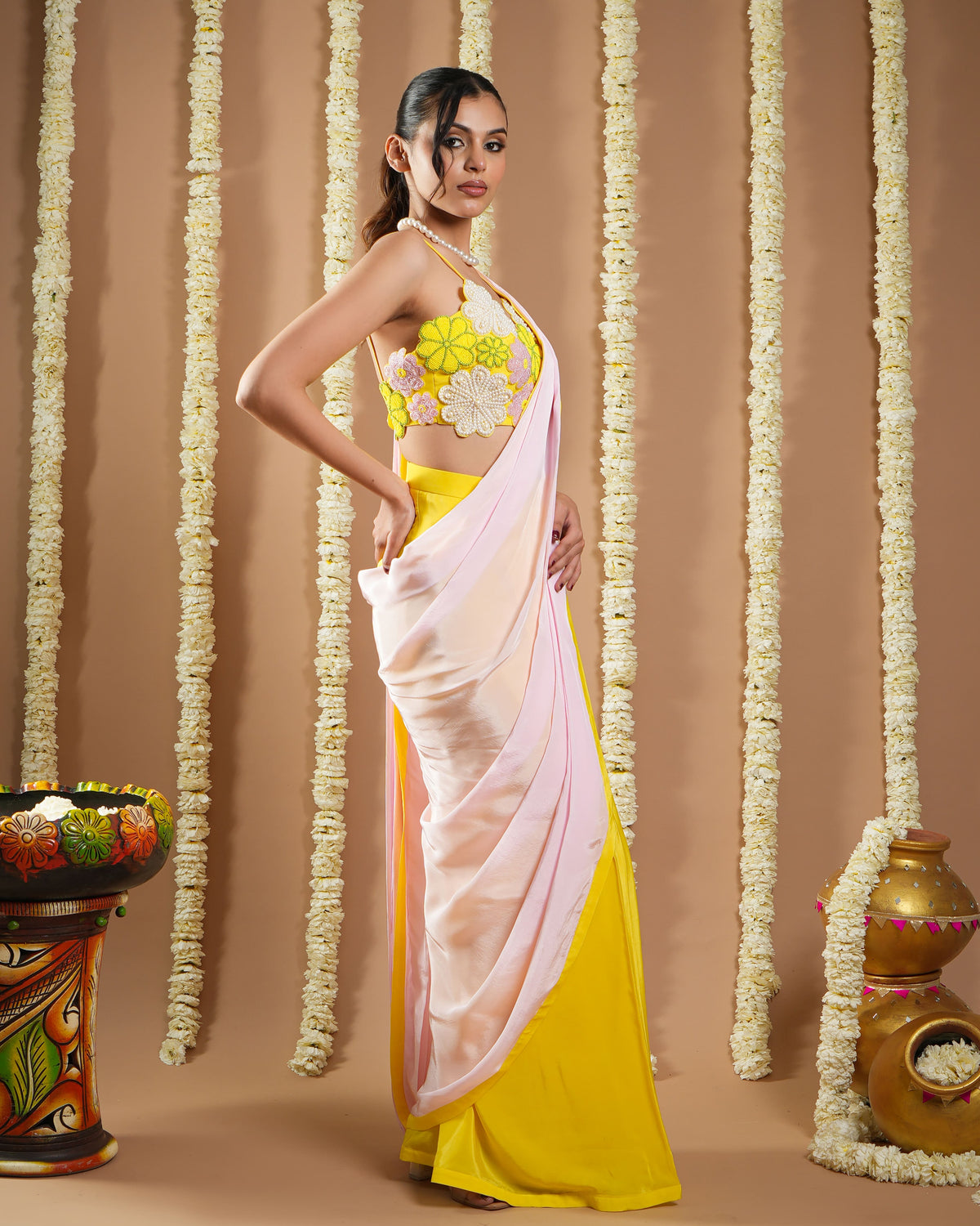 Yellow / Pink Flower Applique Pre Draped Saree (Set Of 2)
