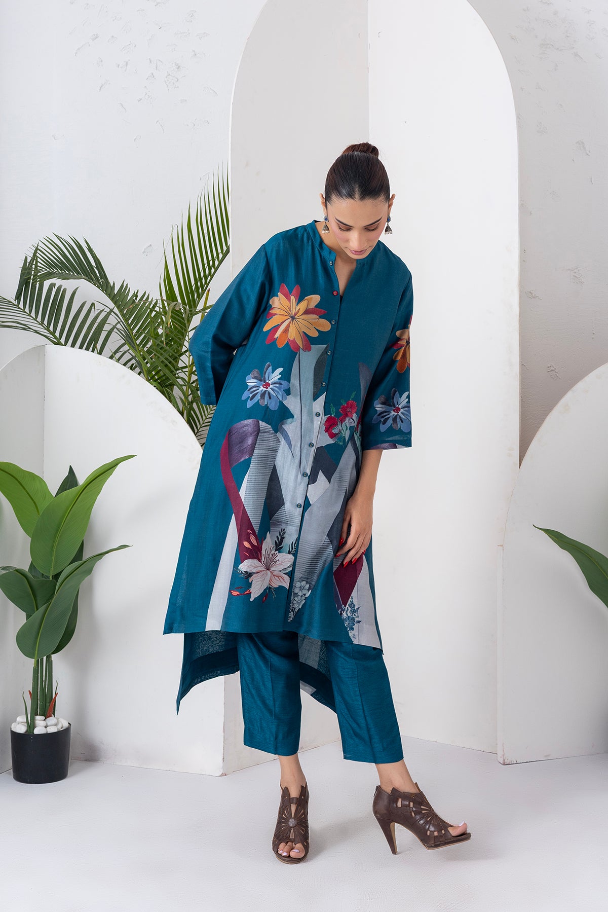Indigo Silk Chanderi Printed High-Low Dress (1 PC)