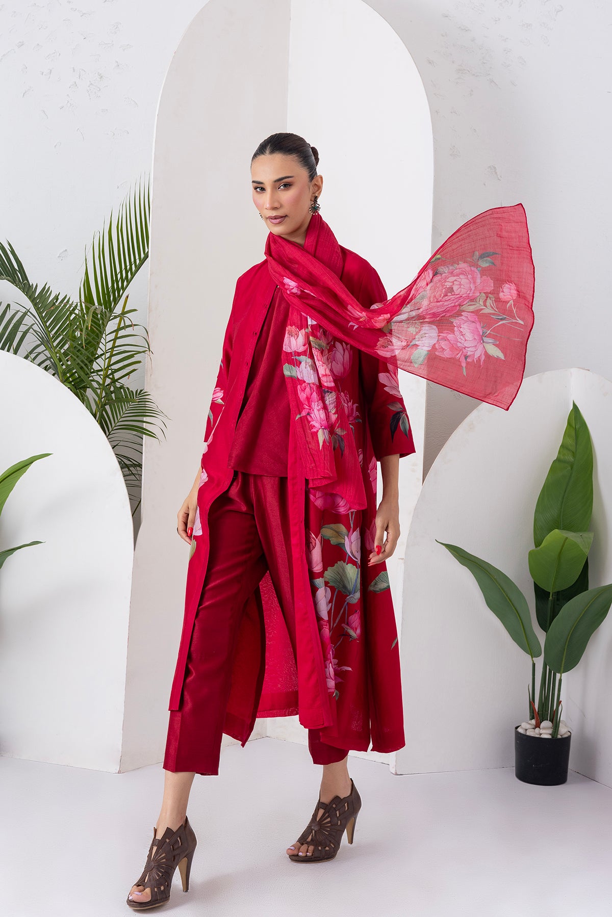 Maroon Silk Chanderi Printed Front Open Dress (1 PC)