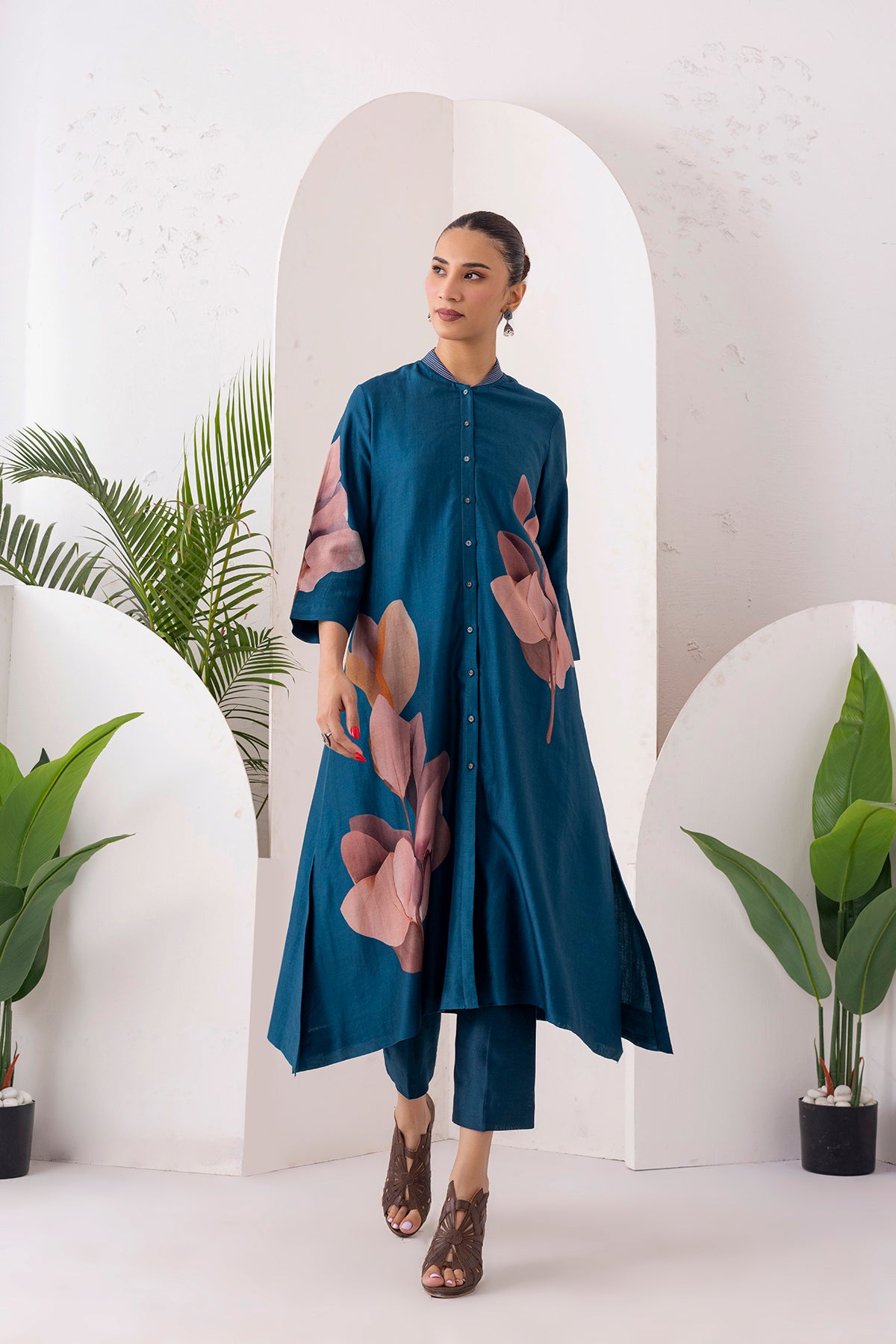 Indigo Silk Chanderi Leaf Printed Dress (1 PC)