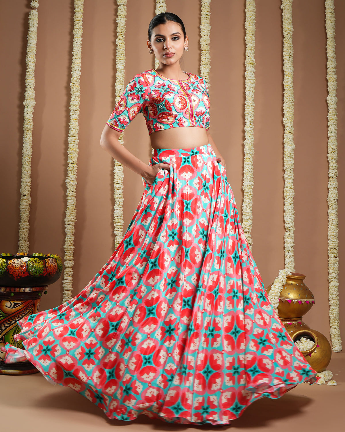 Red Tile Printed Heavy Lehenga Set (Set Of 3)