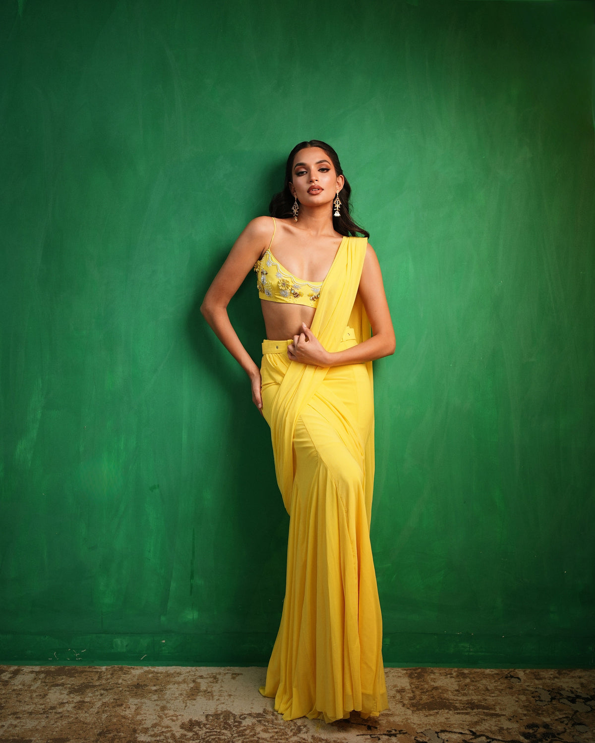 Sunshine Yellow Pre Drape Saree Set (Set of 2)