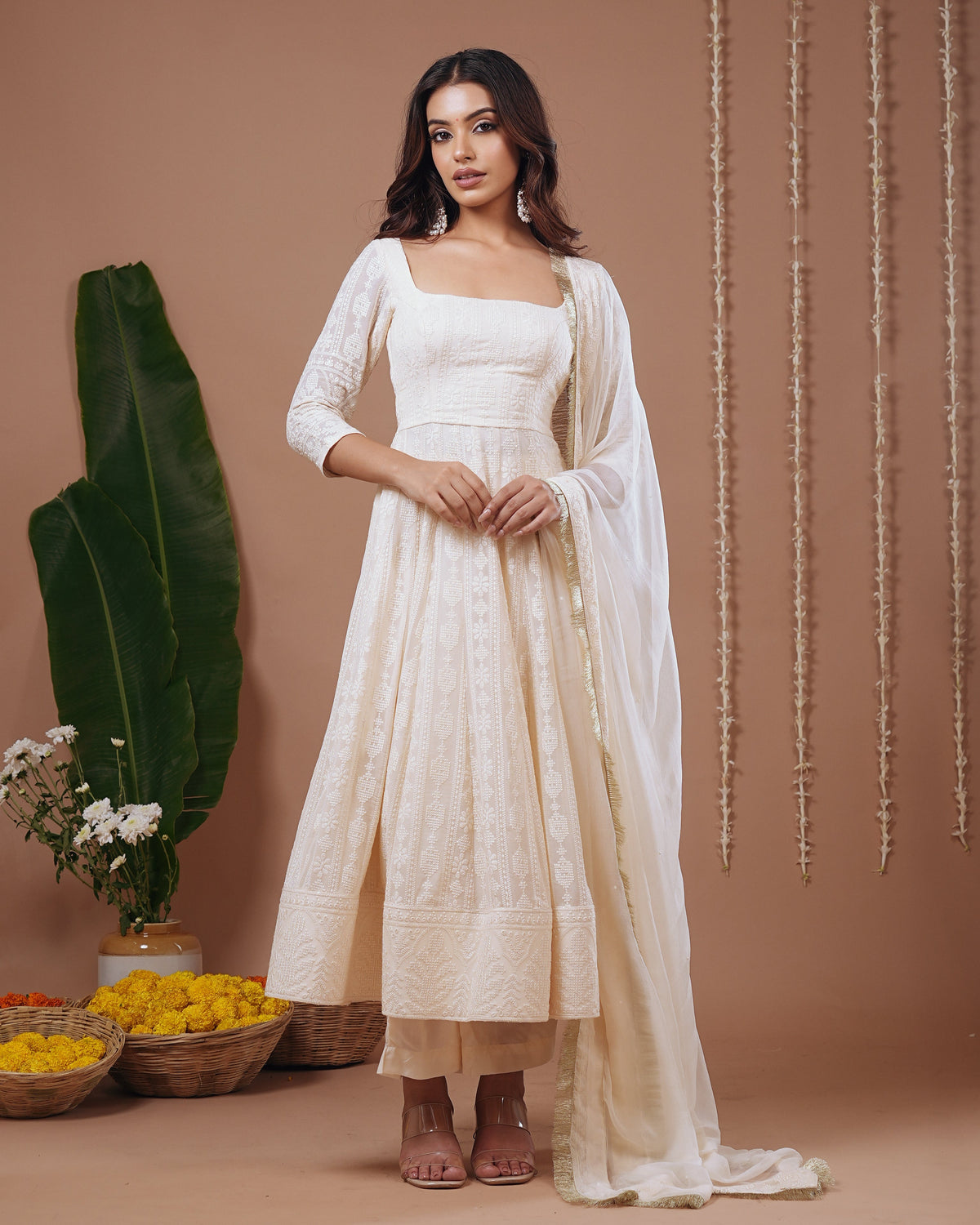 Ivory Chikankari Anarkali Suit Set (Set of 3)